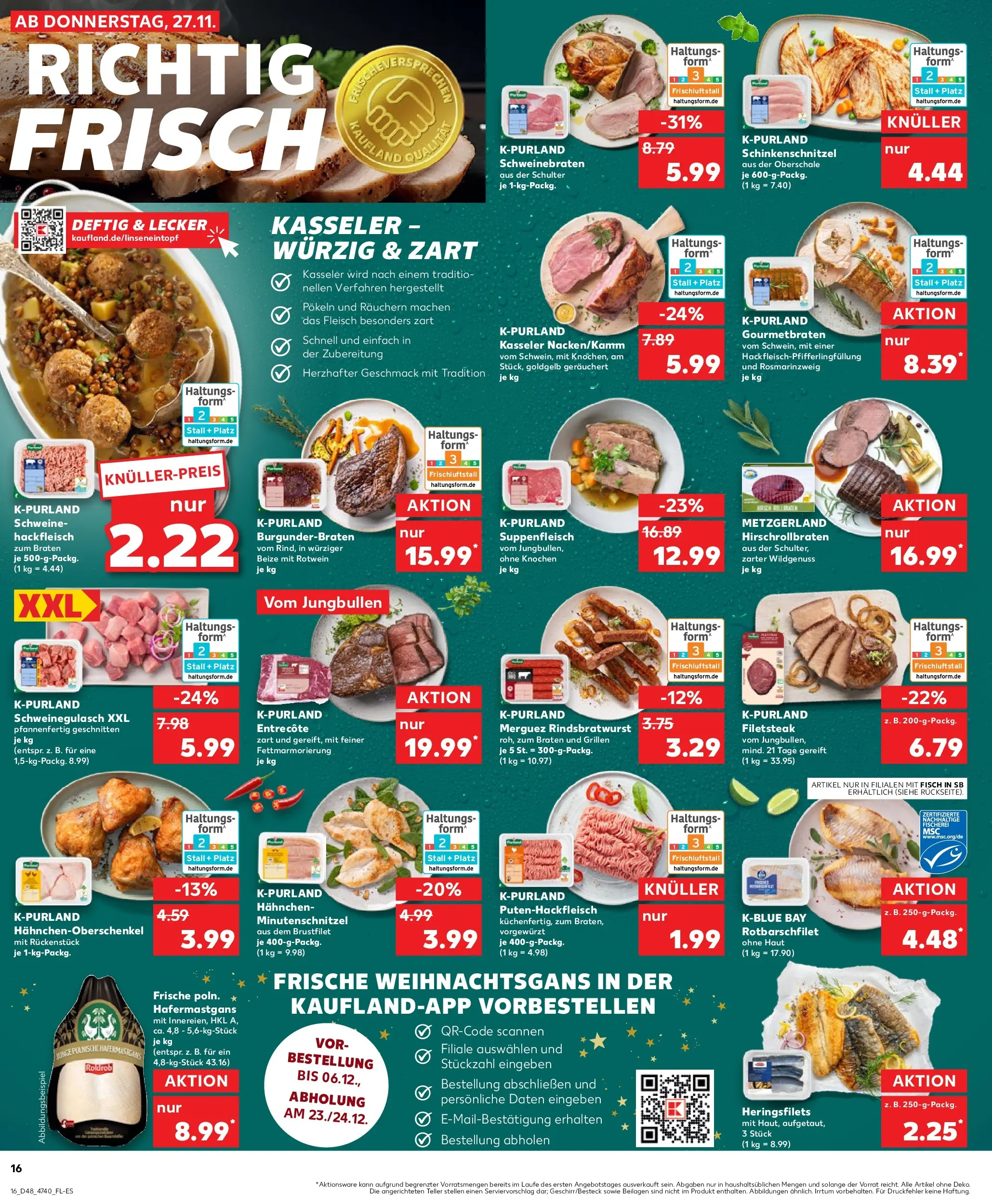 Prospekt Kaufland ab 27.11.2025 » Angebote Online zum Blättern | Seite: 16 | Produkte: Hahnchen, Rotwein, Fleisch, Hackfleisch
