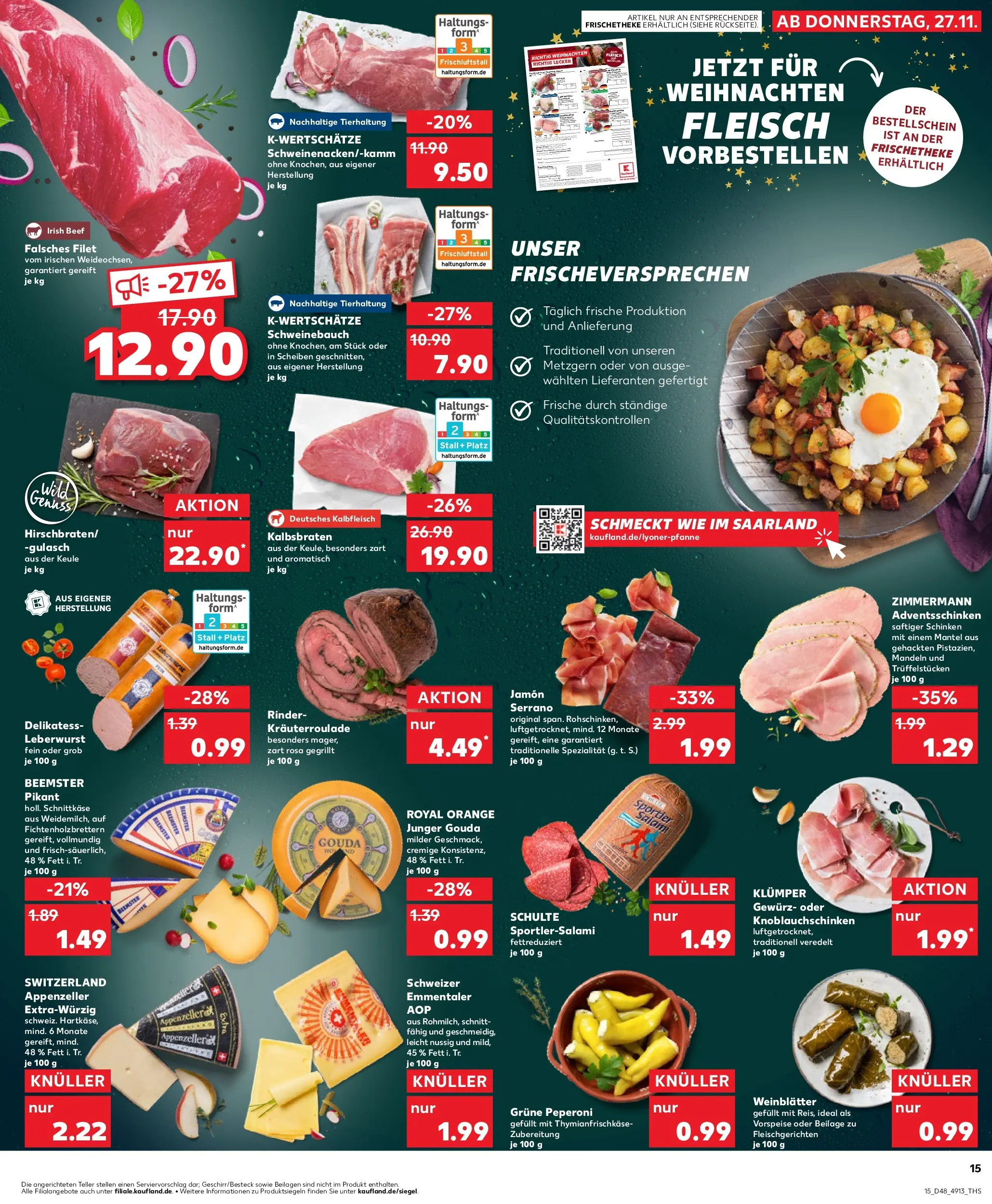 Prospekt Kaufland ab 27.11.2025 » Angebote Online zum Blättern | Seite: 15 | Produkte: Schweinebauch, Gouda, Salami, Fleisch