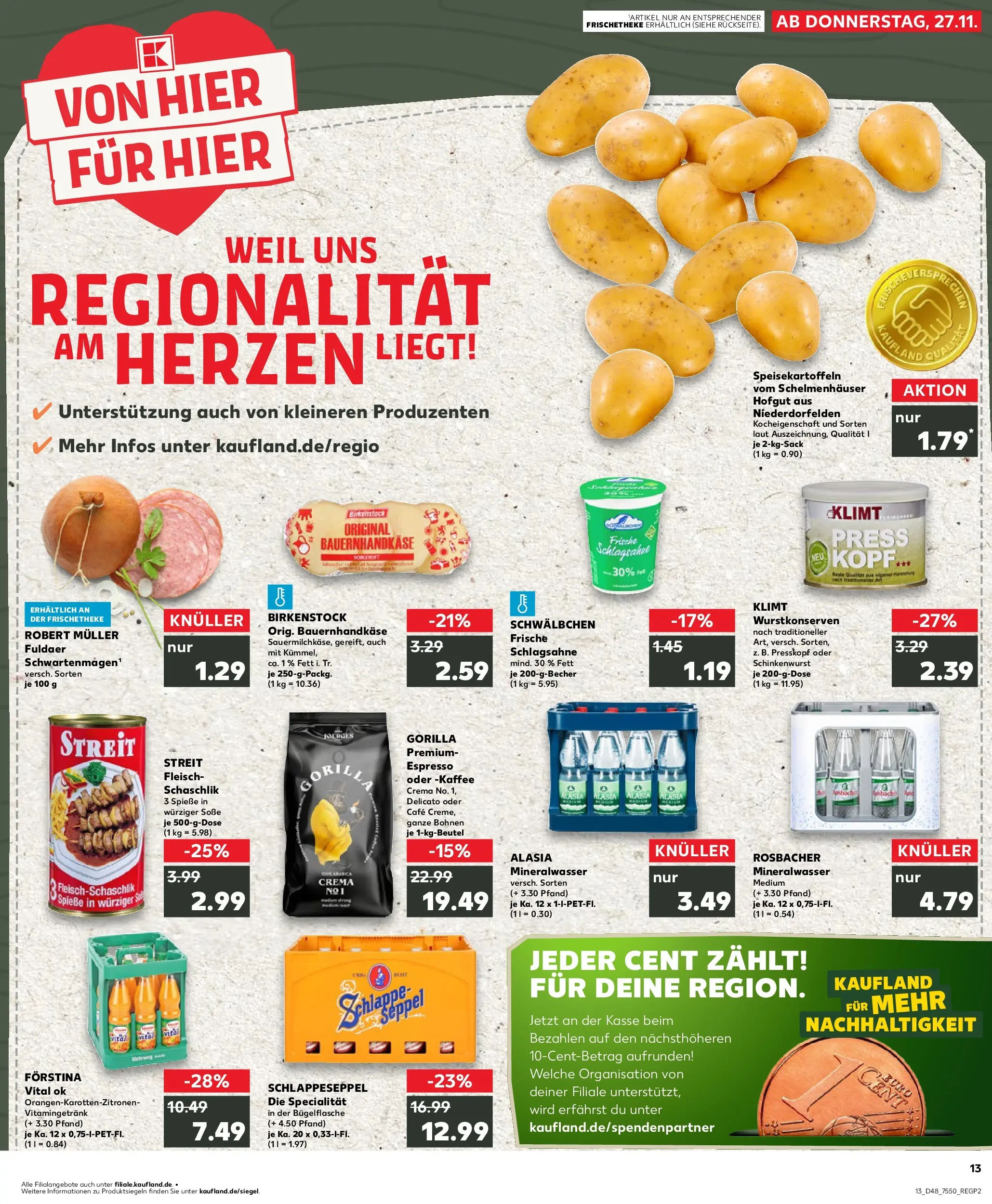 Prospekt Kaufland ab 27.11.2025 » Angebote Online zum Blättern | Seite: 13 | Produkte: Schlagsahne, Mineralwasser, Soße, Fleisch