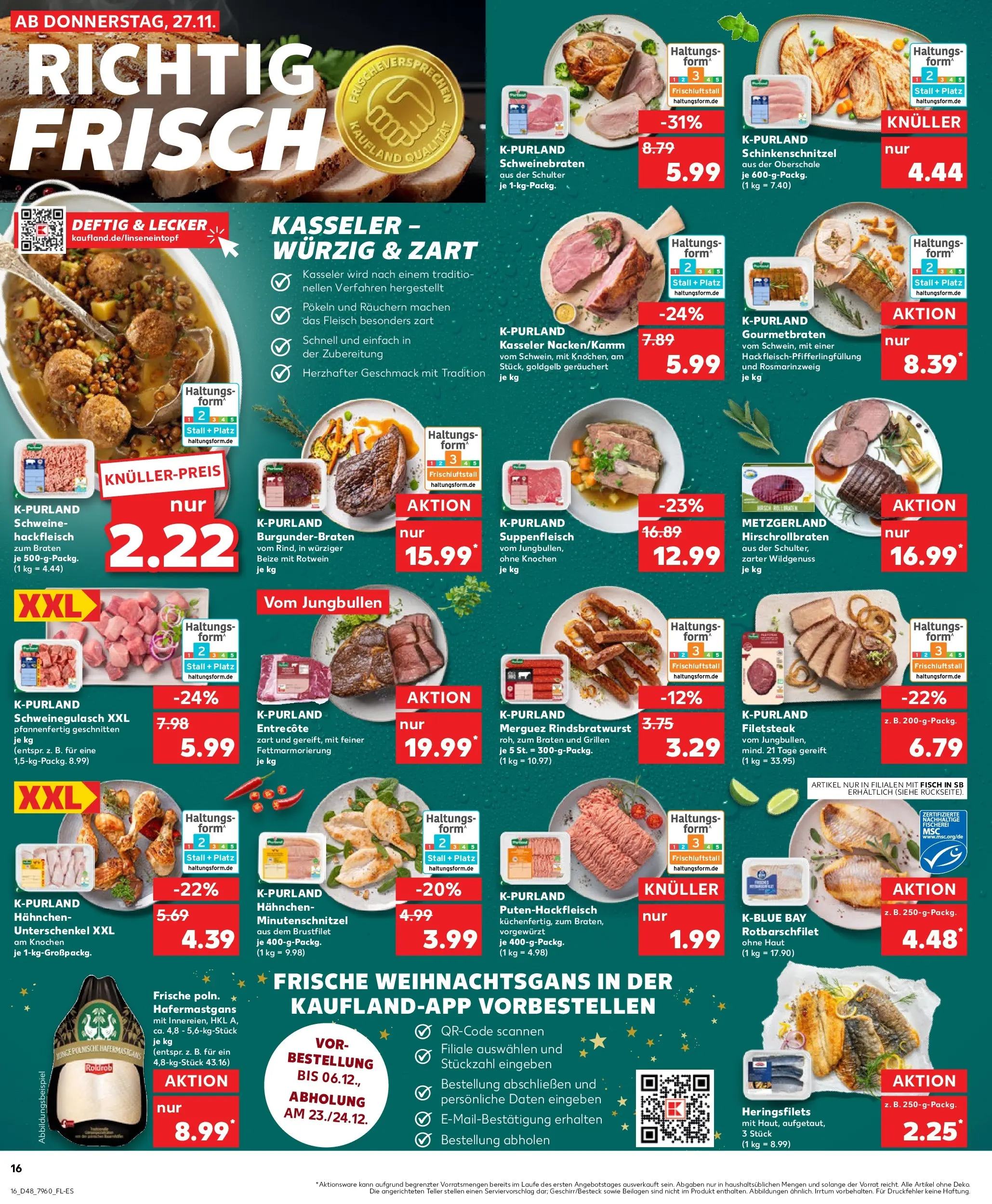 Prospekt Kaufland ab 27.11.2025 » Angebote Online zum Blättern | Seite: 16 | Produkte: Hahnchen, Entrecote, Suppenfleisch, Hackfleisch