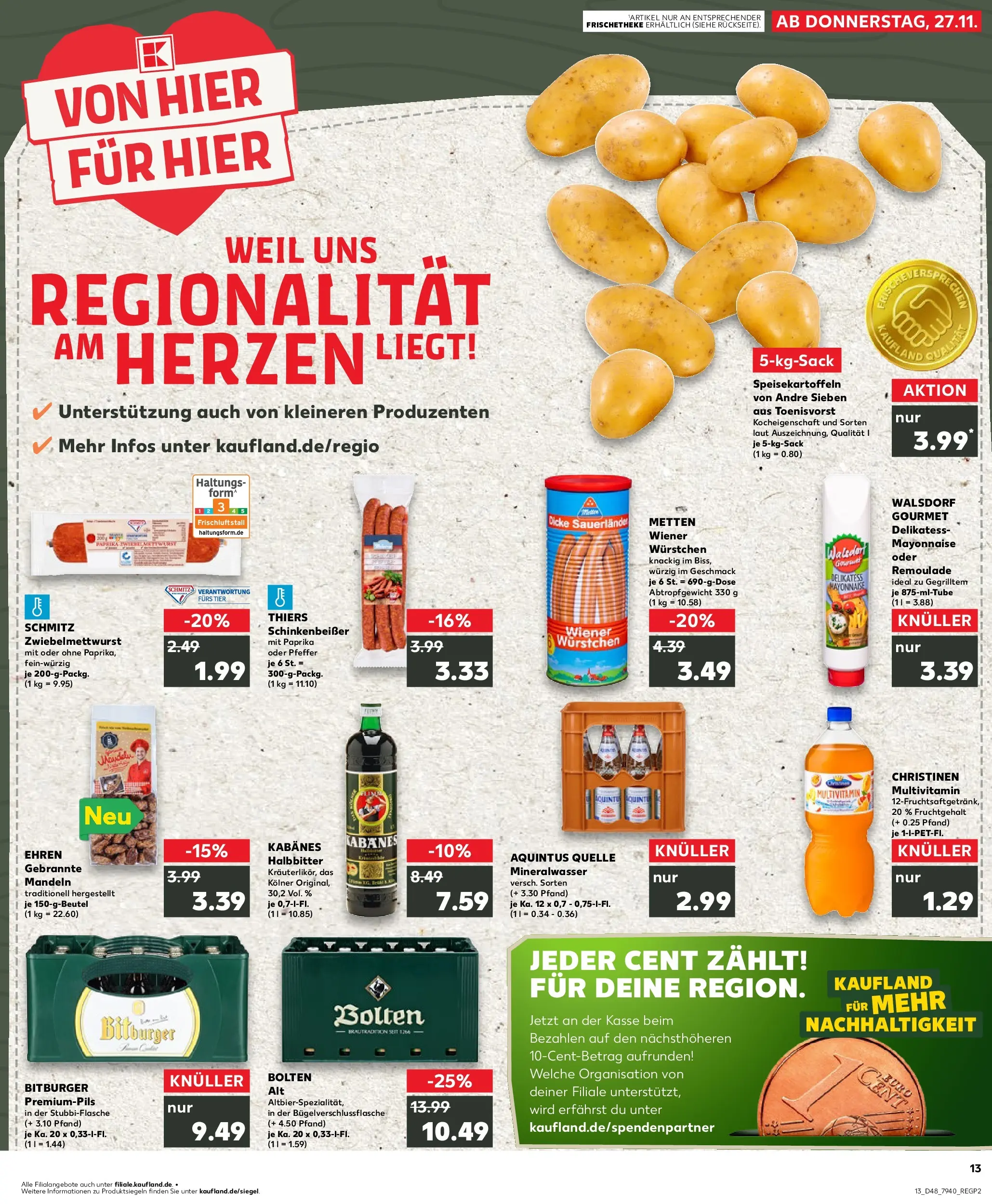Prospekt Kaufland ab 27.11.2025 » Angebote Online zum Blättern | Seite: 13 | Produkte: Bitburger, Wiener wurstchen, Mandeln, Mineralwasser