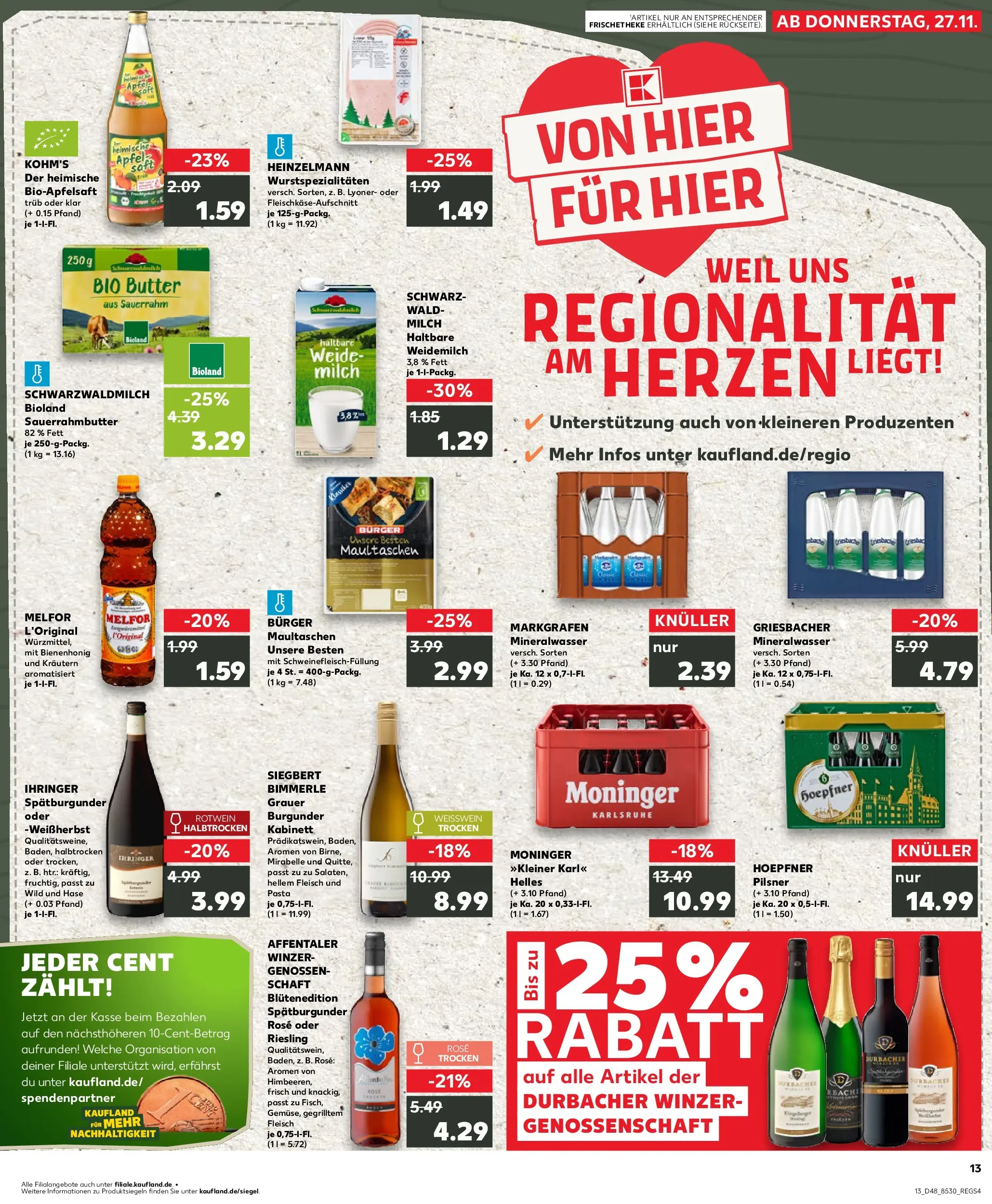 Prospekt Kaufland ab 27.11.2025 » Angebote Online zum Blättern | Seite: 13 | Produkte: Weißwein, Rotwein, Mineralwasser, Sauerrahm