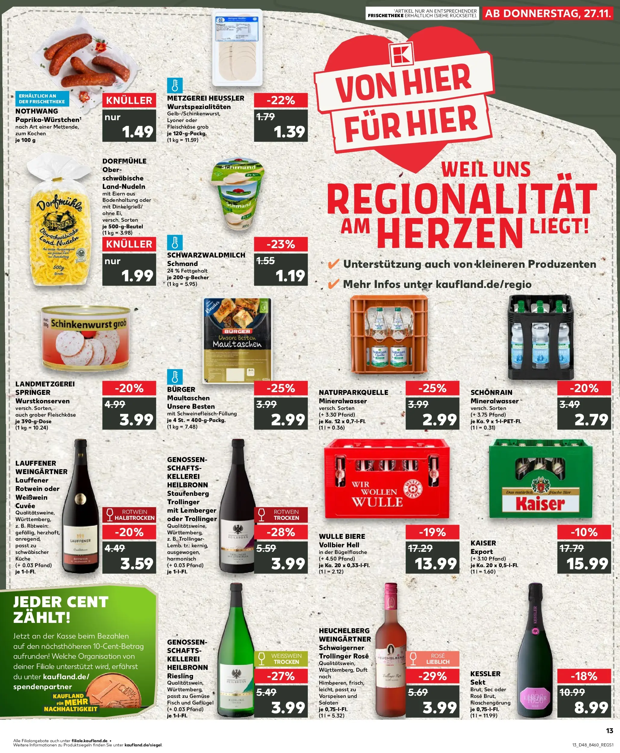 Prospekt Kaufland ab 27.11.2025 » Angebote Online zum Blättern | Seite: 13 | Produkte: Burger, Mineralwasser, Gemüse, Pasta