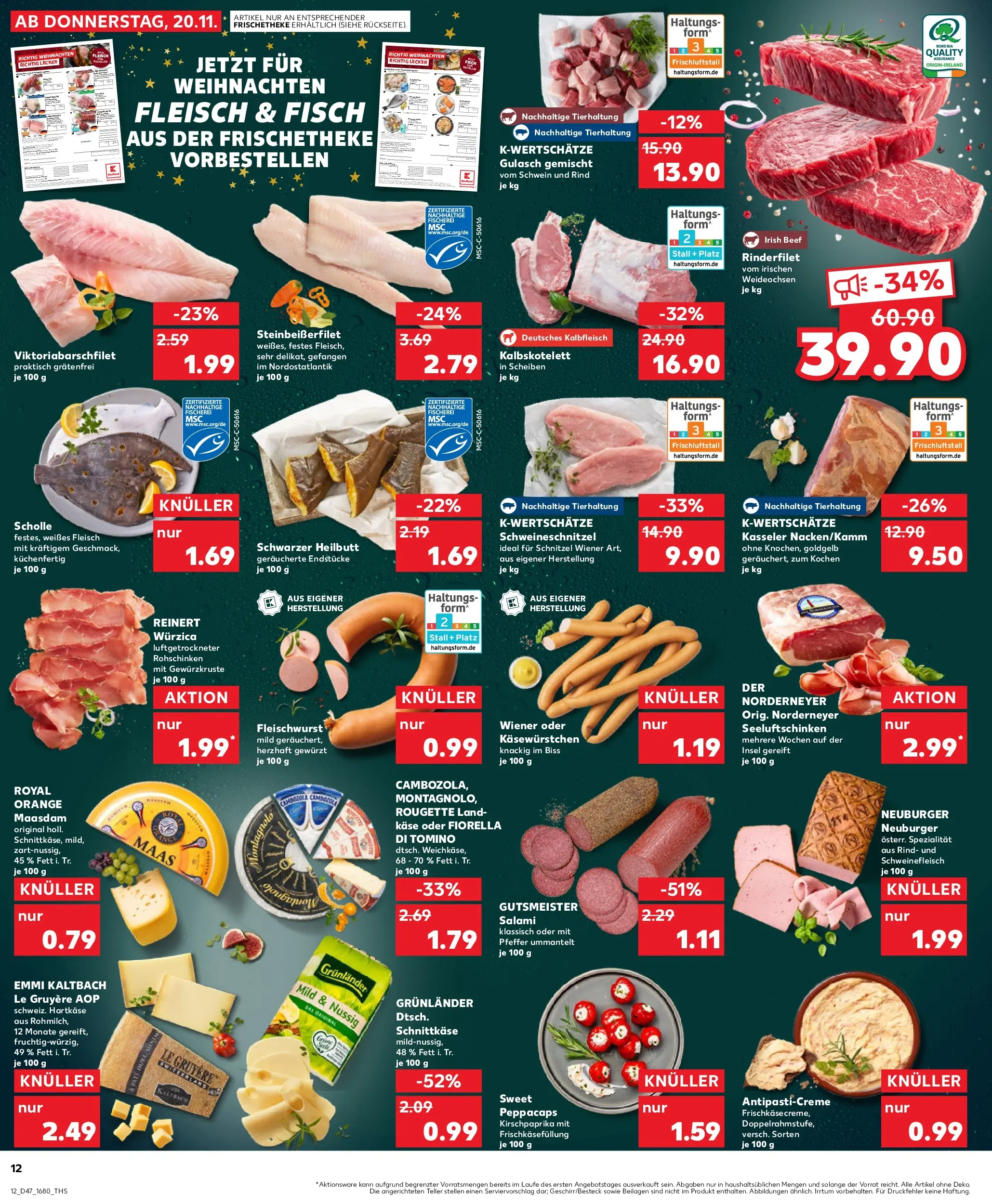 Prospekt Kaufland ab 20.11.2025 » Angebote Online zum Blättern | Seite: 12 | Produkte: Käse, Rinderfilet, Fisch, Salami