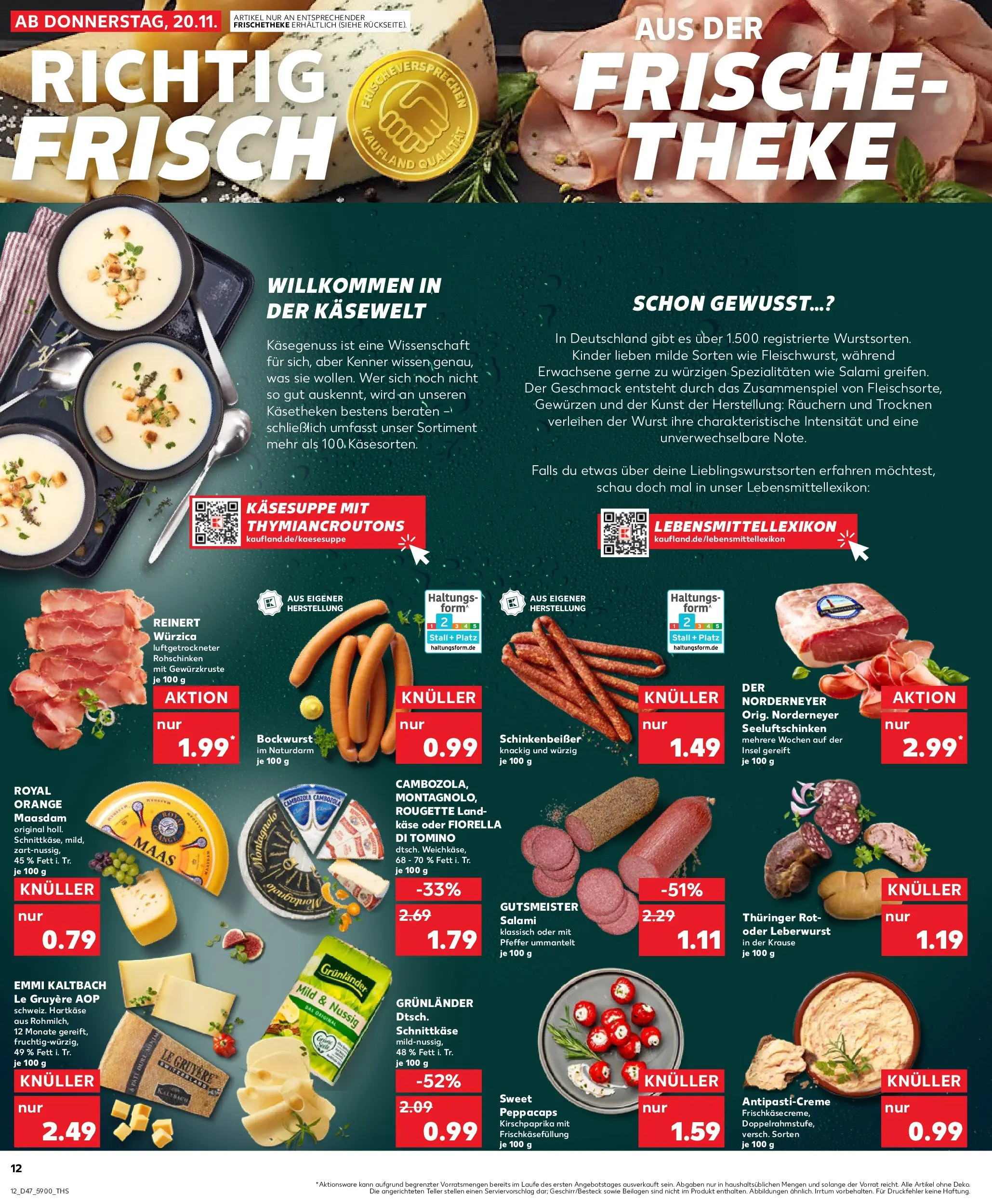 Prospekt Kaufland ab 20.11.2025 » Angebote Online zum Blättern | Seite: 12 | Produkte: Bockwurst, Theke, Salami, Frischkase