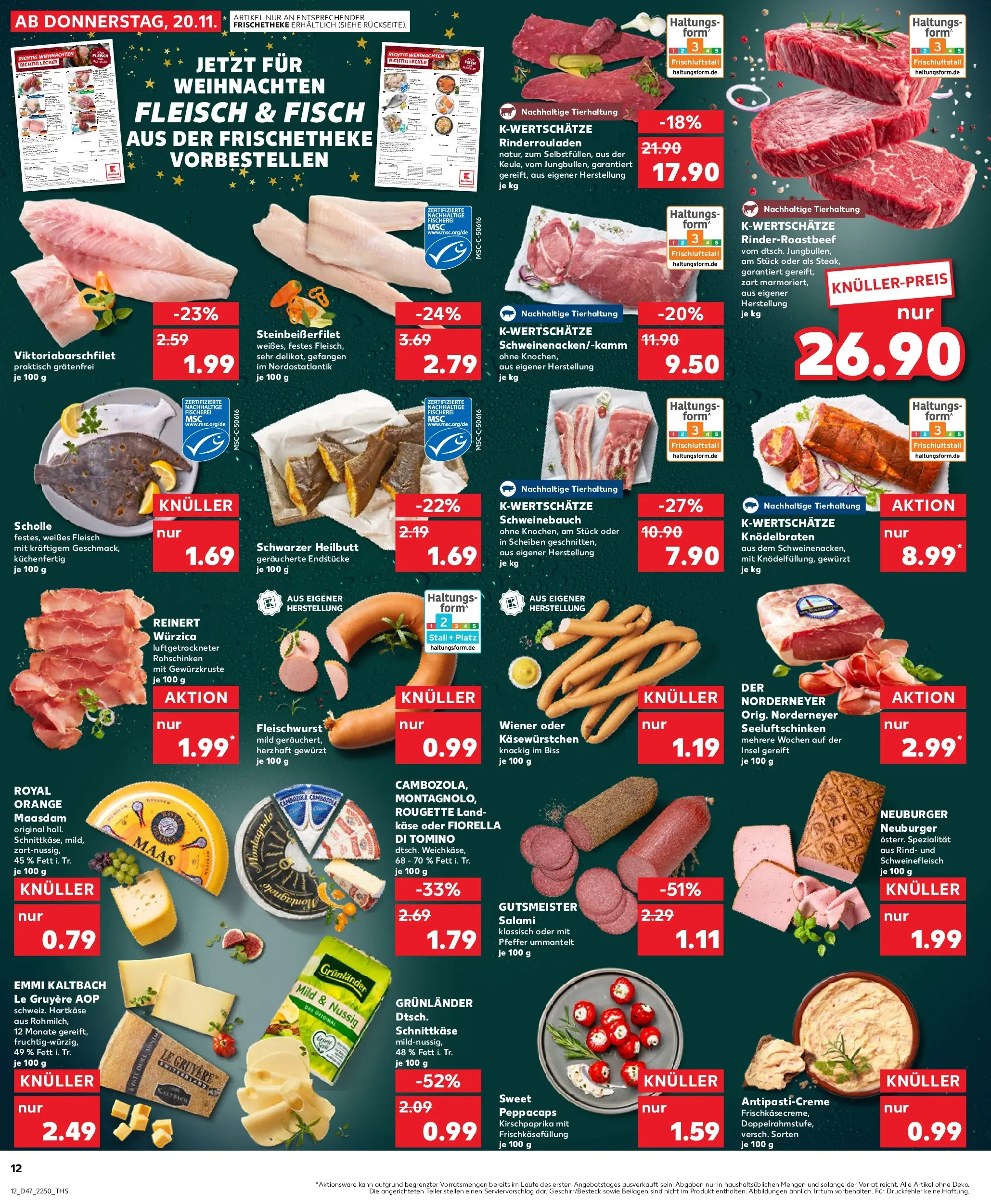 Prospekt Kaufland ab 20.11.2025 » Angebote Online zum Blättern | Seite: 12 | Produkte: Rinderrouladen, Käse, Fisch, Grunlander