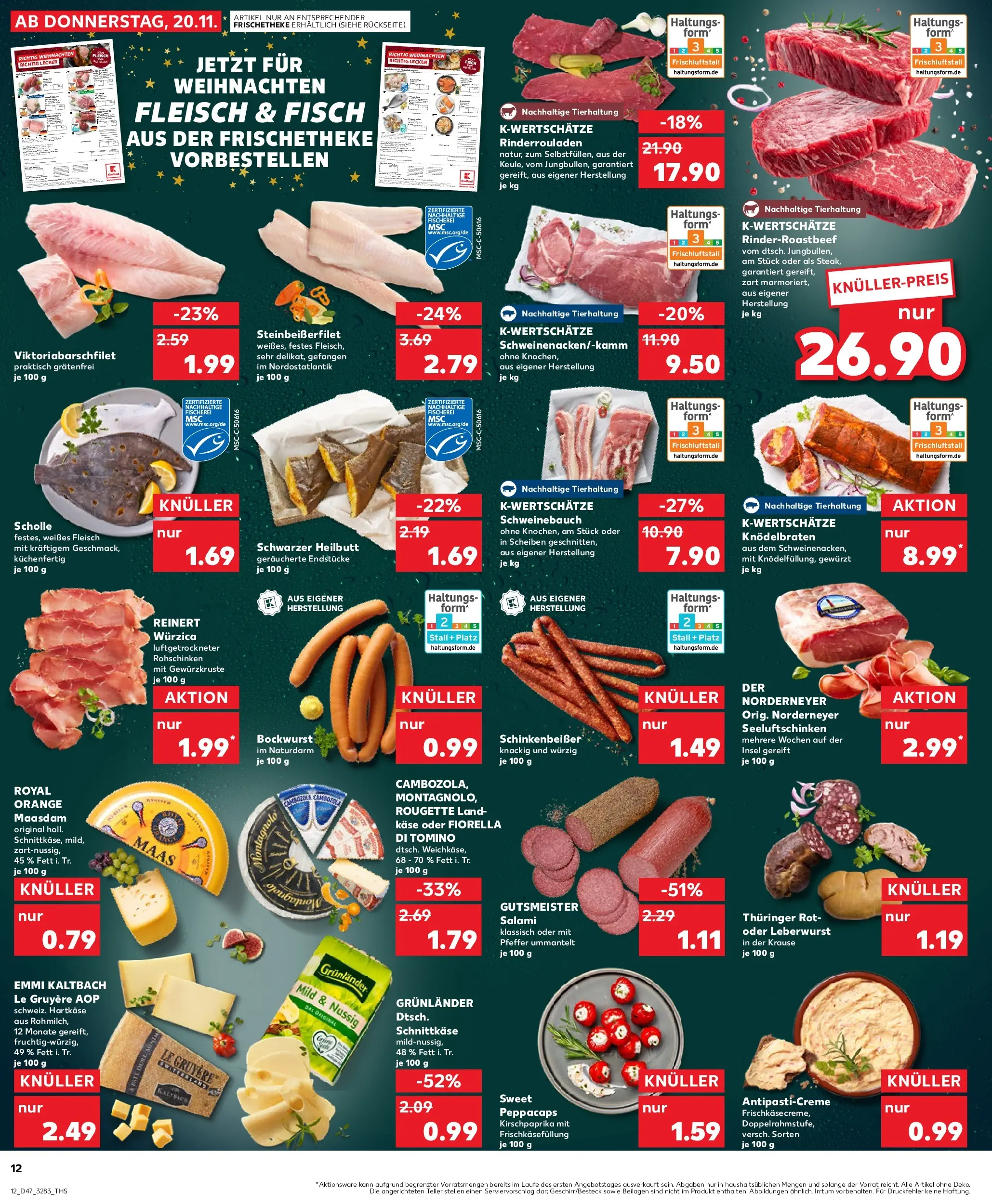Prospekt Kaufland ab 20.11.2025 » Angebote Online zum Blättern | Seite: 12 | Produkte: Schweinebauch, Salami, Fleisch, Frischkase