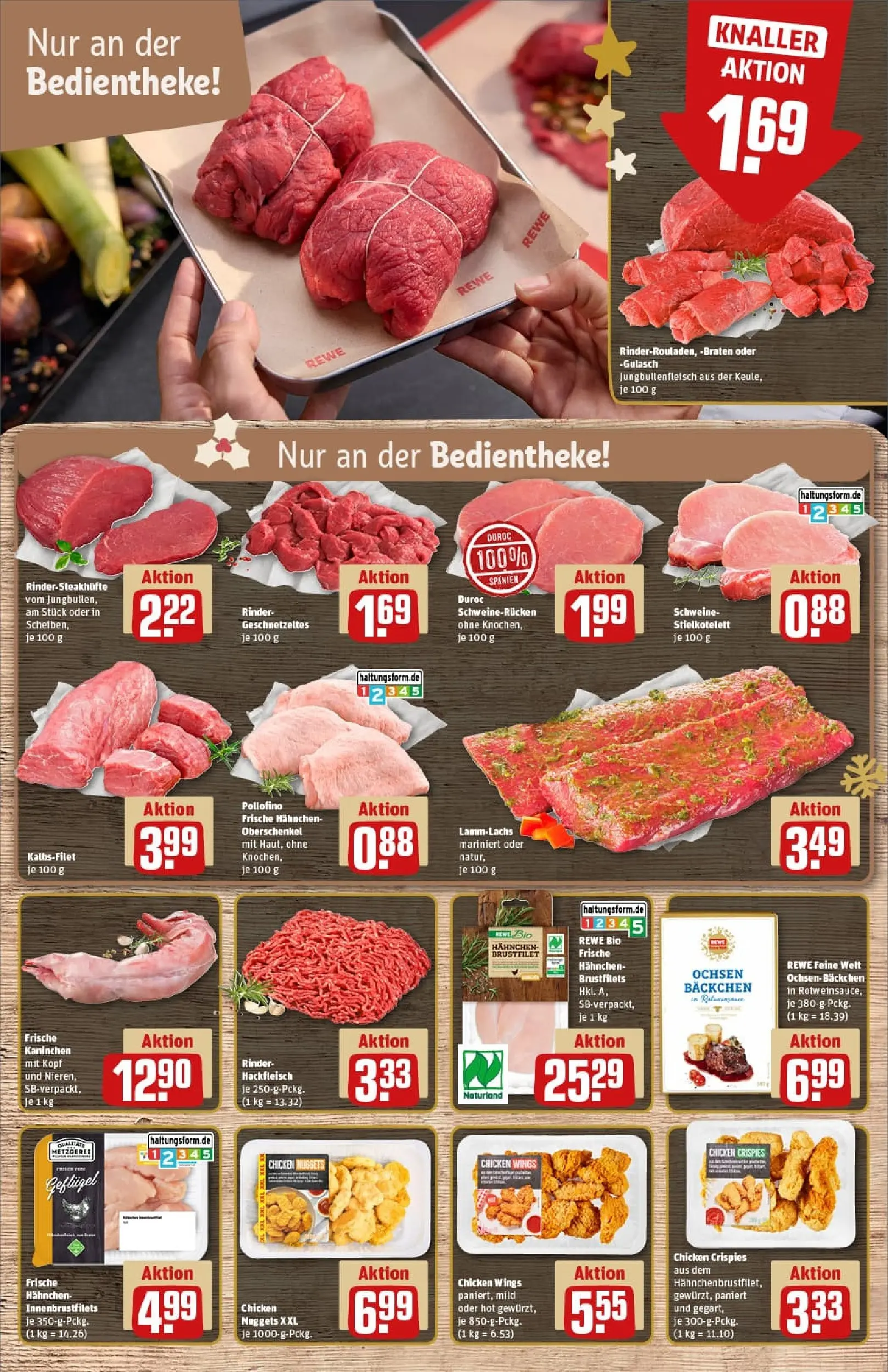 REWE Prospekt ab 23.11.2025 zum Blättern » Angebote | Seite: 8 | Produkte: Hahnchen, Kaninchen, Gulasch, Steak