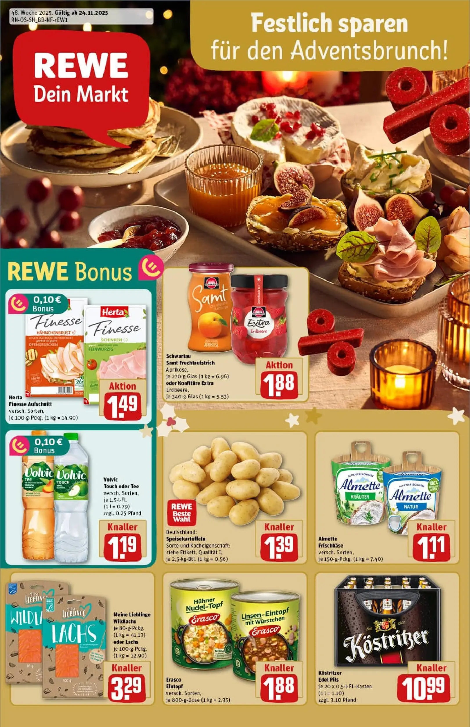 REWE Prospekt ab 23.11.2025 zum Blättern » Angebote | Seite: 1 | Produkte: Schwartau samt, Volvic touch, Lachs, Herta finesse