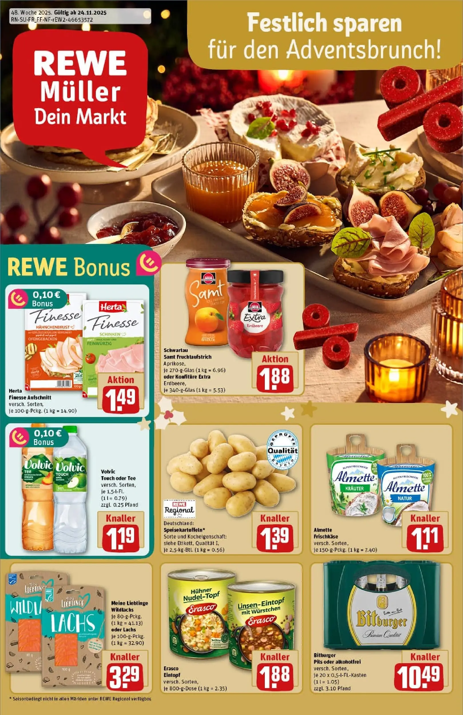 REWE Prospekt ab 23.11.2025 zum Blättern » Angebote | Seite: 1 | Produkte: Schwartau samt, Schinken, Volvic, Hahnchenbrust