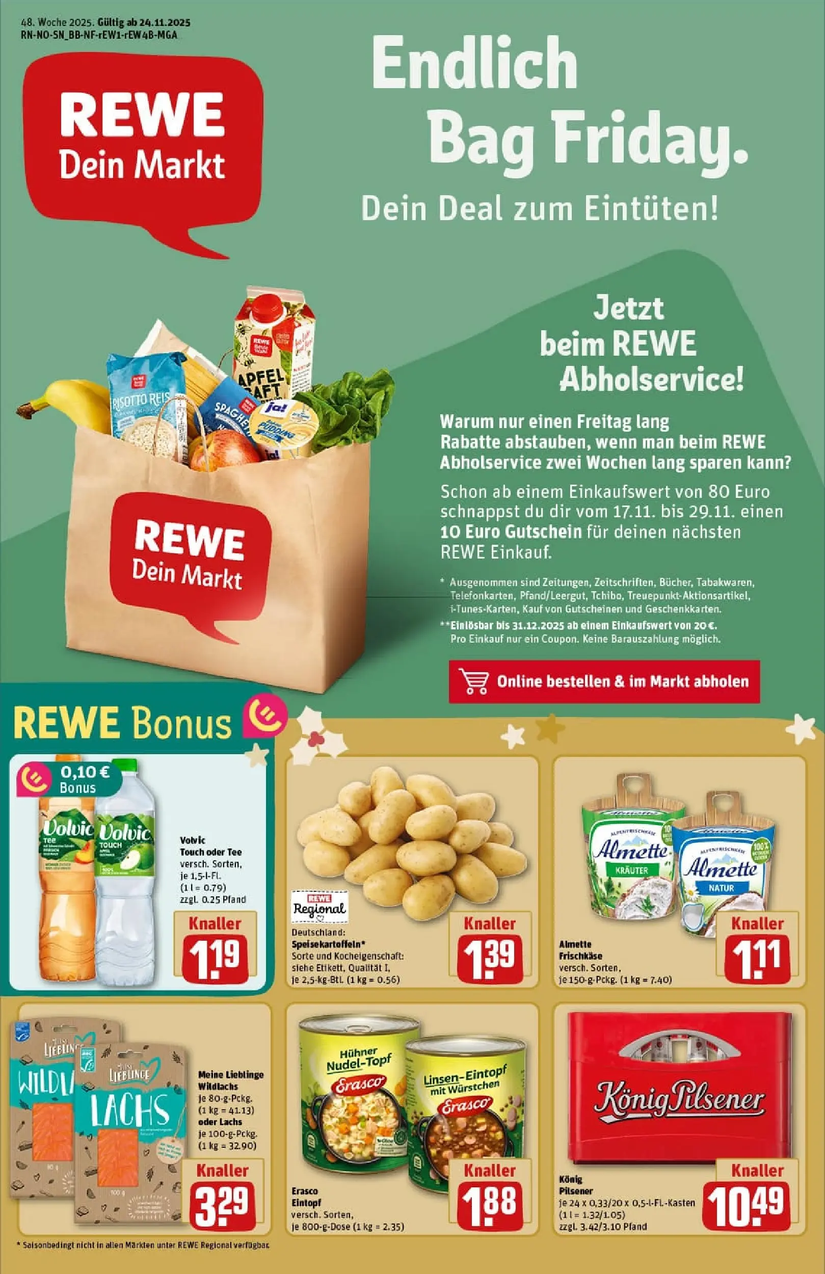 REWE Prospekt ab 23.11.2025 zum Blättern » Angebote | Seite: 1 | Produkte: Äpfel, Volvic touch, Lachs, Erasco