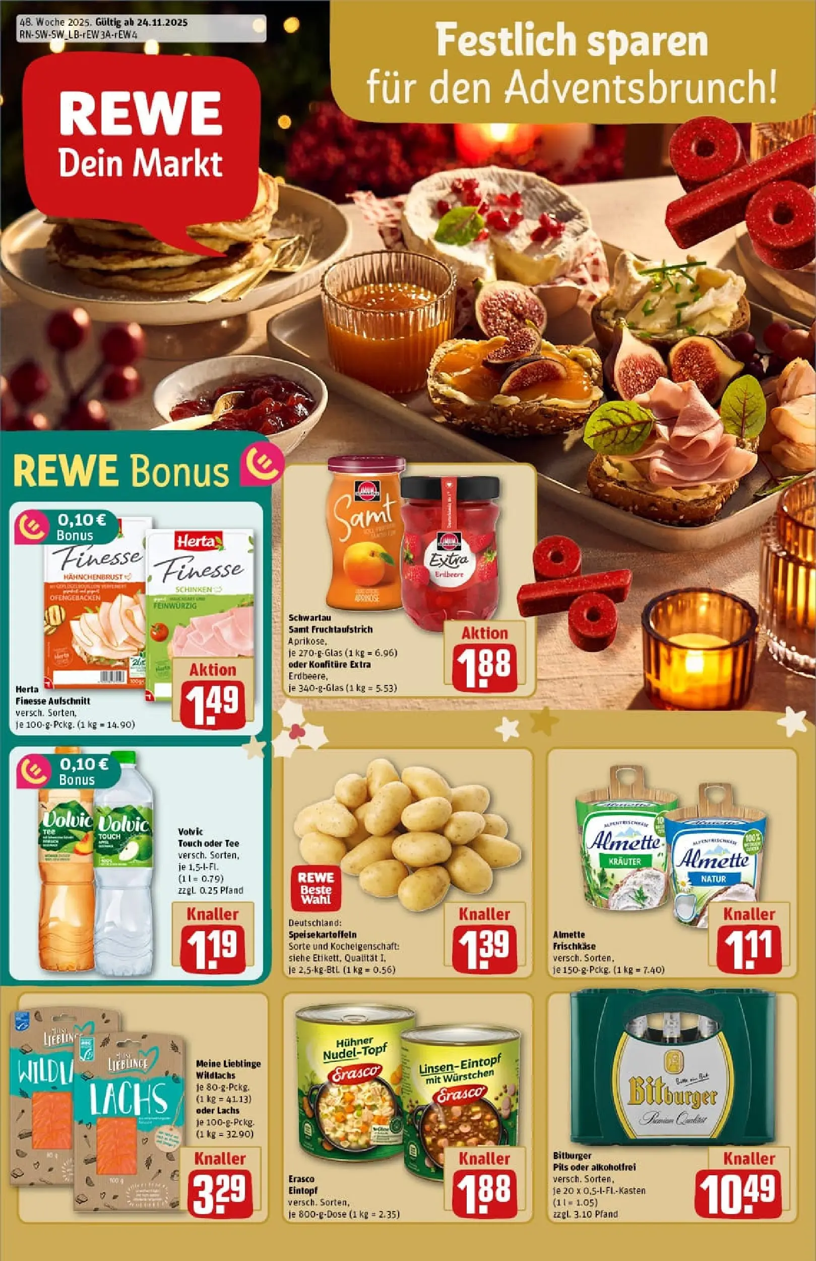 REWE Prospekt ab 23.11.2025 zum Blättern » Angebote | Seite: 1 | Produkte: Bitburger, Almette, Volvic touch, Lachs