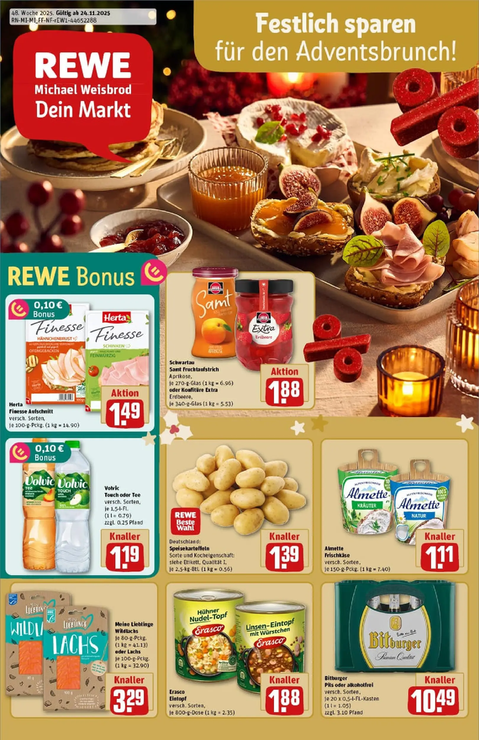 REWE Prospekt ab 23.11.2025 zum Blättern » Angebote | Seite: 1 | Produkte: Schwartau samt, Pils, Herta finesse, Hahnchenbrust