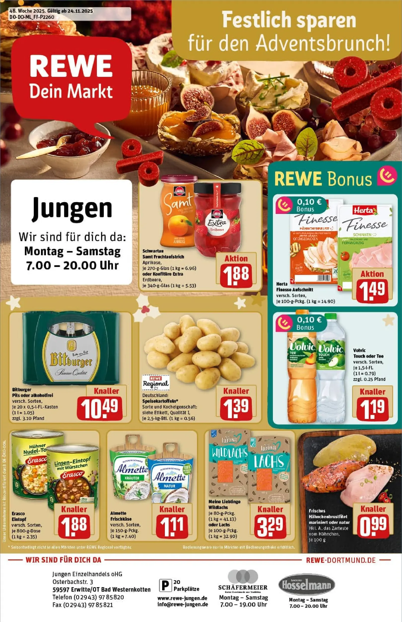 REWE Prospekt ab 23.11.2025 zum Blättern » Angebote | Seite: 1 | Produkte: Schwartau samt, Bad, Schinken, Volvic