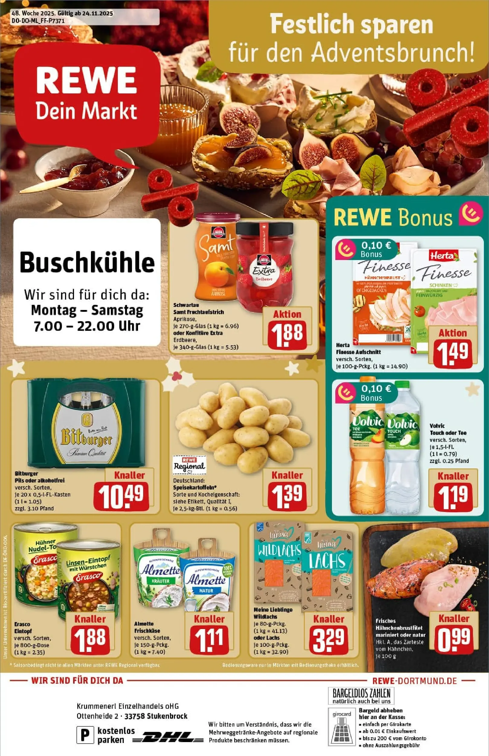 REWE Prospekt ab 23.11.2025 zum Blättern » Angebote | Seite: 1 | Produkte: Volvic touch, Lachs, Schinken, Tee