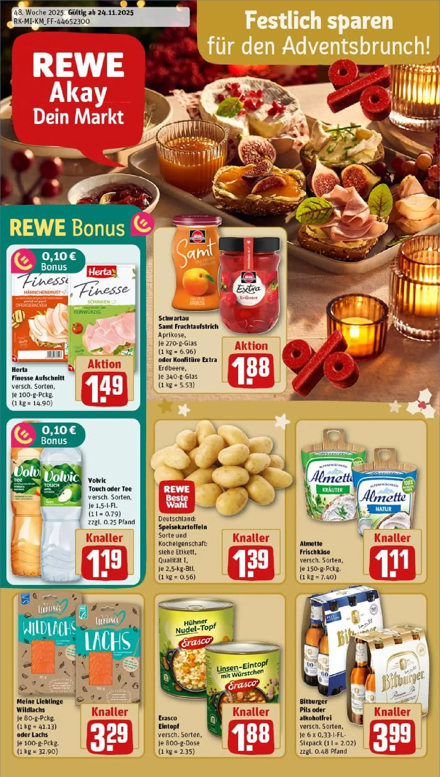 REWE Prospekt ab 23.11.2025 zum Blättern » Angebote | Seite: 1 | Produkte: Lachs, Schinken, Volvic, Frischkase
