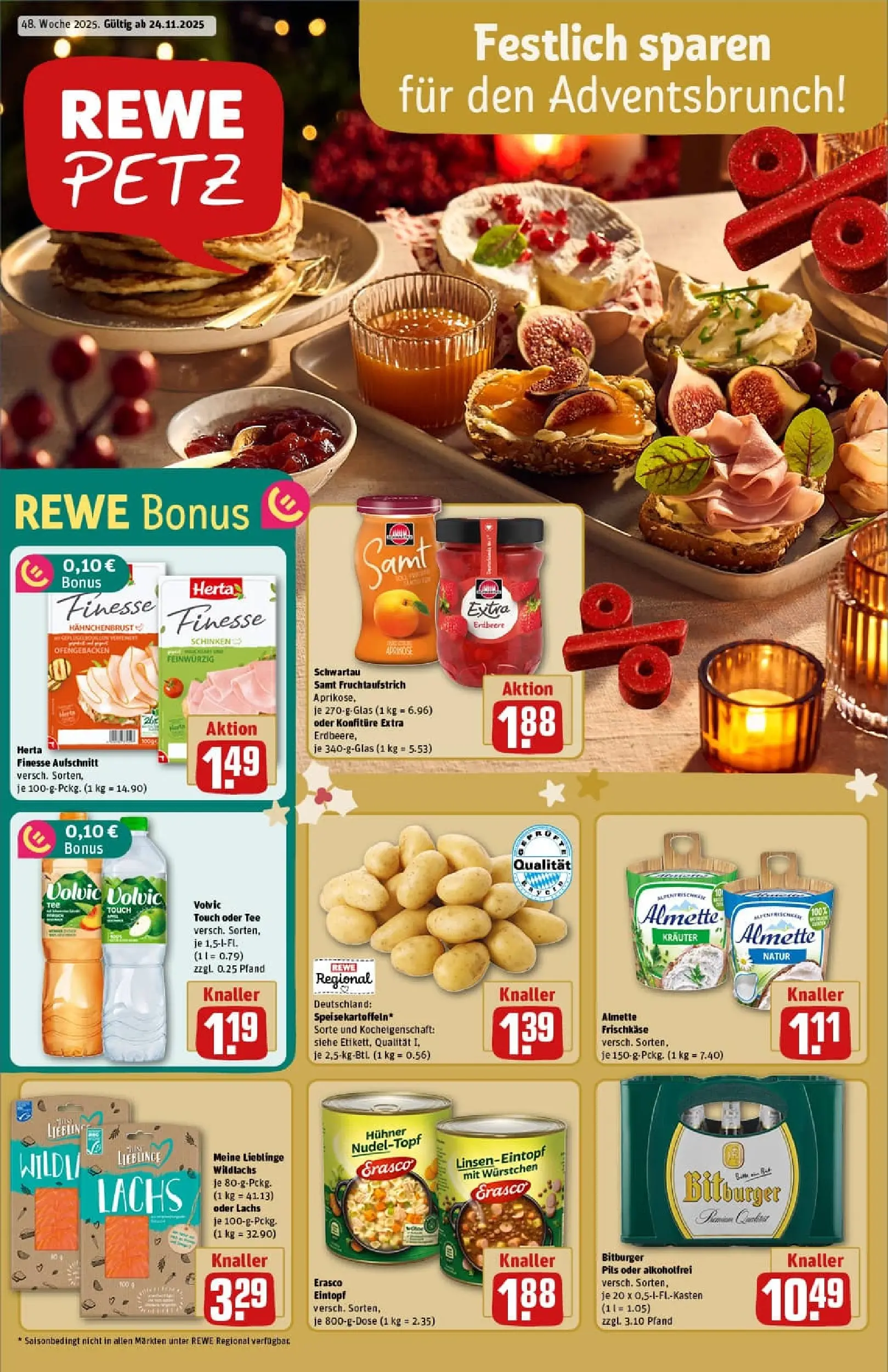 REWE Prospekt ab 23.11.2025 zum Blättern » Angebote | Seite: 1 | Produkte: Schinken, Volvic, Frischkase, Hahnchenbrust