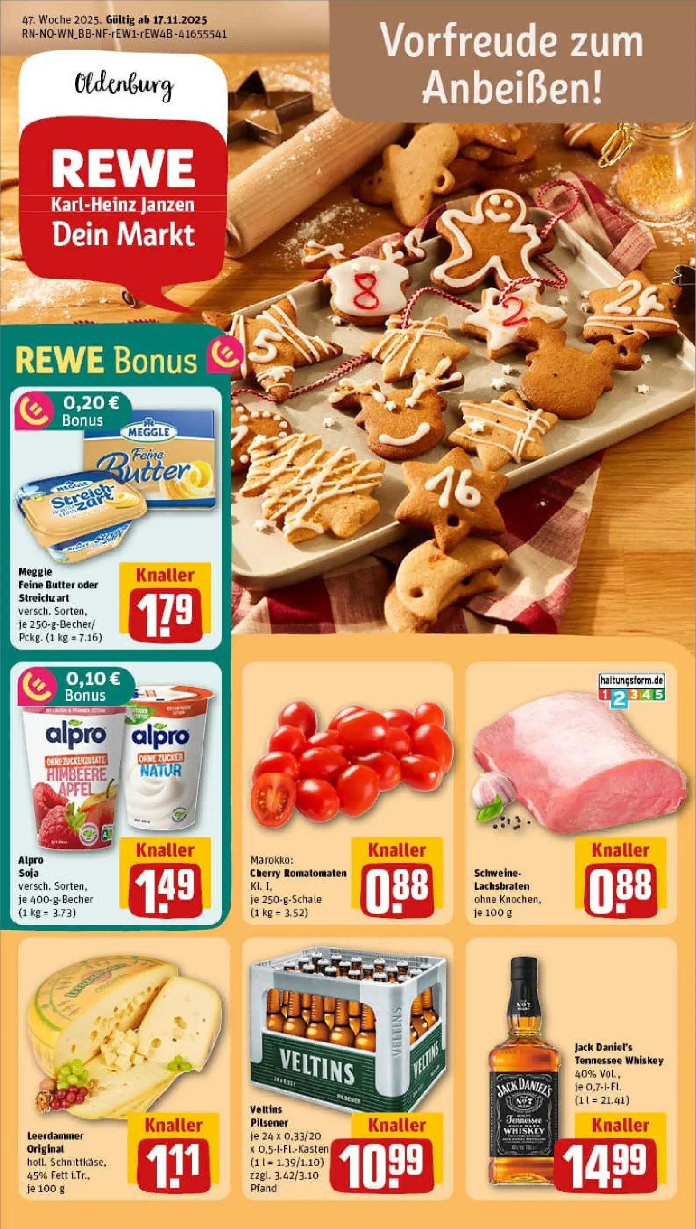 REWE Prospekt ab 17.11.2025 zum Blättern » Angebote | Seite: 1 | Produkte: Äpfel, Jack Daniel's, Zucker, Whiskey