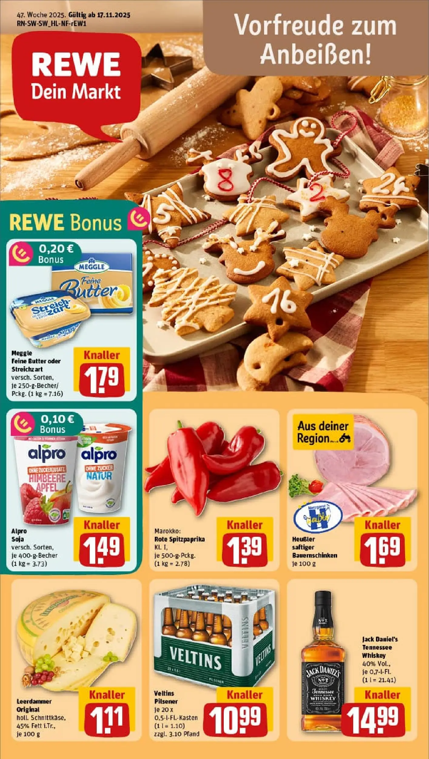 REWE Prospekt ab 17.11.2025 zum Blättern » Angebote | Seite: 1 | Produkte: Äpfel, Jack Daniel's, Whiskey, Veltins