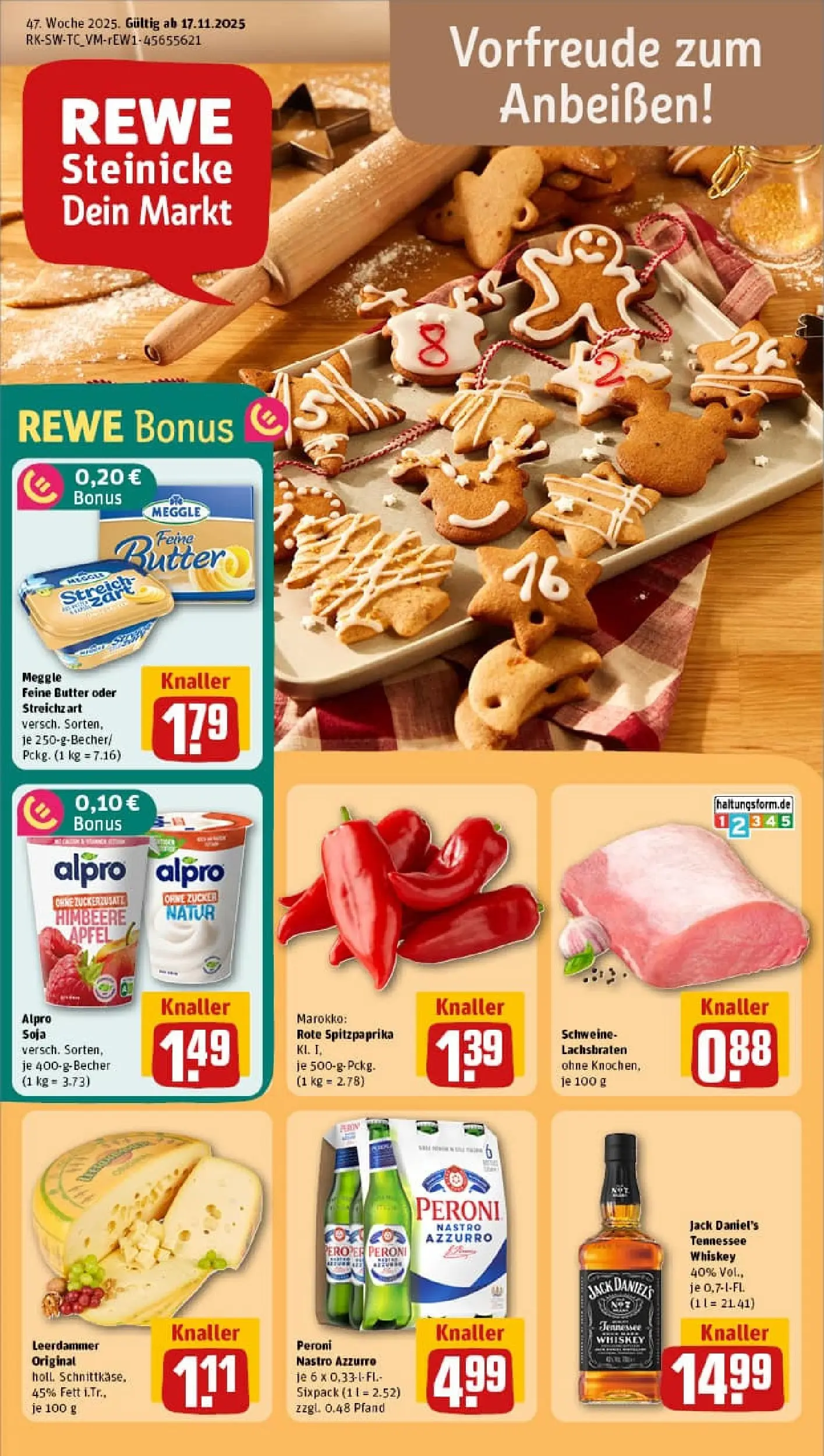 REWE Prospekt ab 17.11.2025 zum Blättern » Angebote | Seite: 1 | Produkte: Butter, Jack Daniel's, Zucker, Whiskey