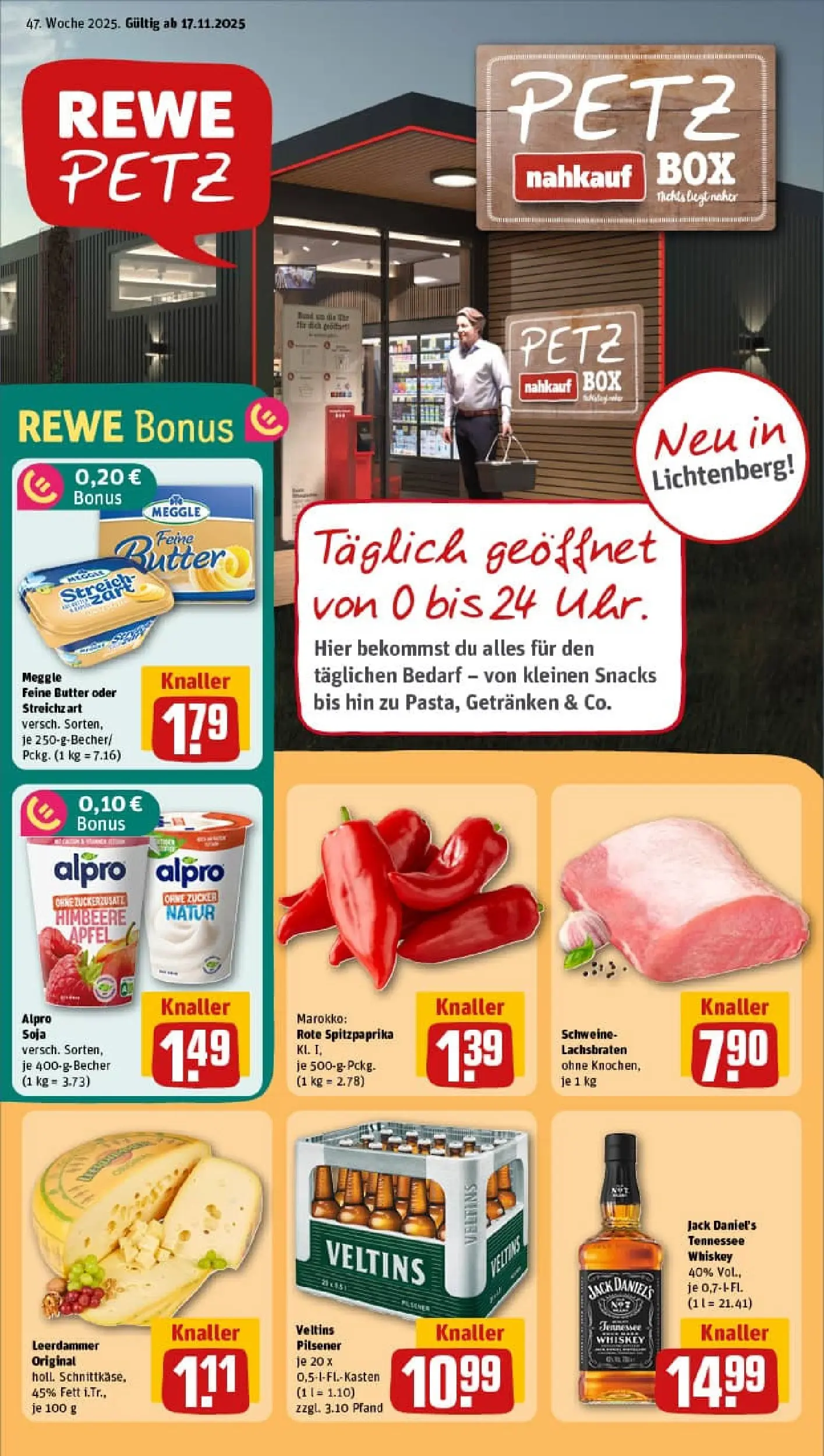 REWE Prospekt ab 17.11.2025 zum Blättern » Angebote | Seite: 1 | Produkte: Jack Daniel's, Zucker, Himbeere, Veltins