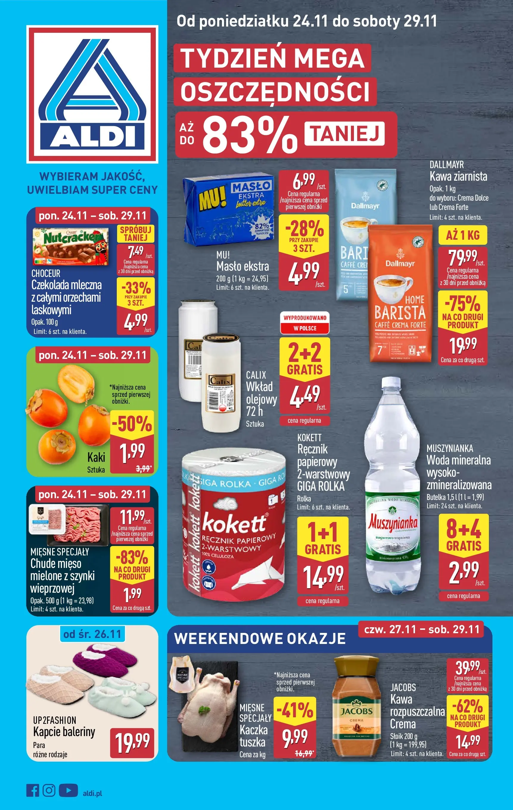 Aldi - Tydzień mega oszczędności w ALDI od 22.11.2025 - Ulotka PDF, promocje | Strona: 1 | Produkty: Kaki, Kapcie, Muszynianka, Kawa