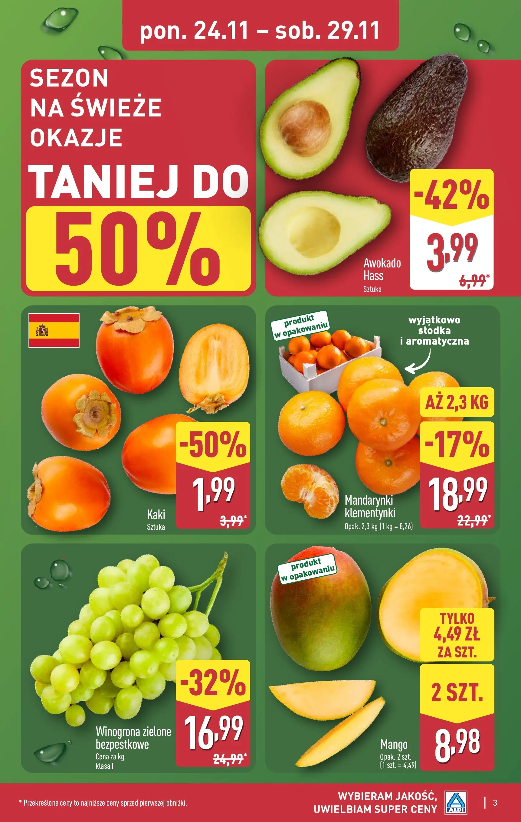 Aldi - Tydzień mega oszczędności w ALDI od 22.11.2025 - Ulotka PDF, promocje | Strona: 3 | Produkty: Kaki, Winogrona, Mandarynki, Awokado
