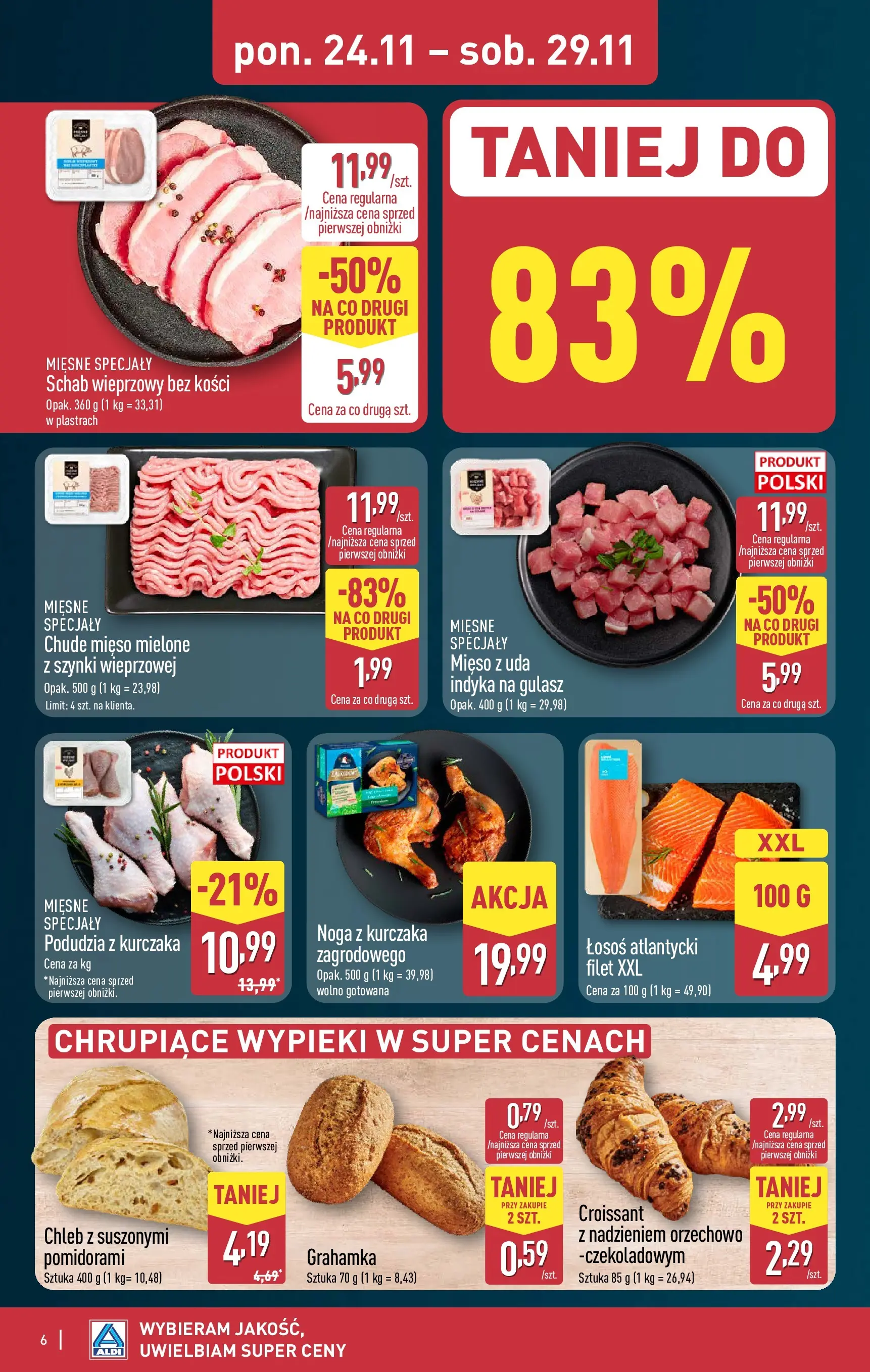 Aldi - Tydzień mega oszczędności w ALDI od 22.11.2025 - Ulotka PDF, promocje | Strona: 6 | Produkty: Schab, Łosoś, Chleb, Gulasz