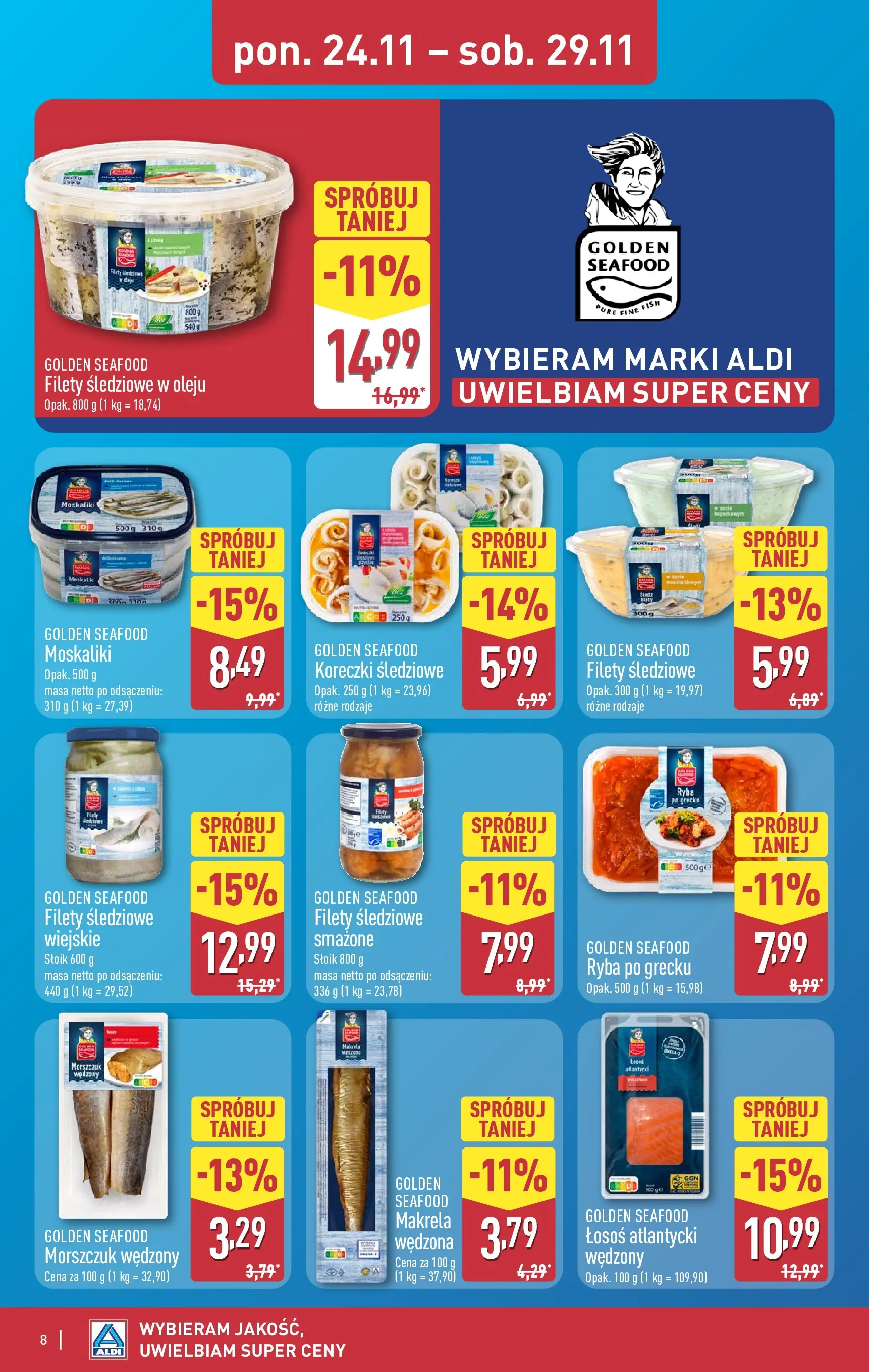 Aldi - Tydzień mega oszczędności w ALDI od 22.11.2025 - Ulotka PDF, promocje | Strona: 8 | Produkty: Łosoś atlantycki, Makrela, Łosoś, Morszczuk