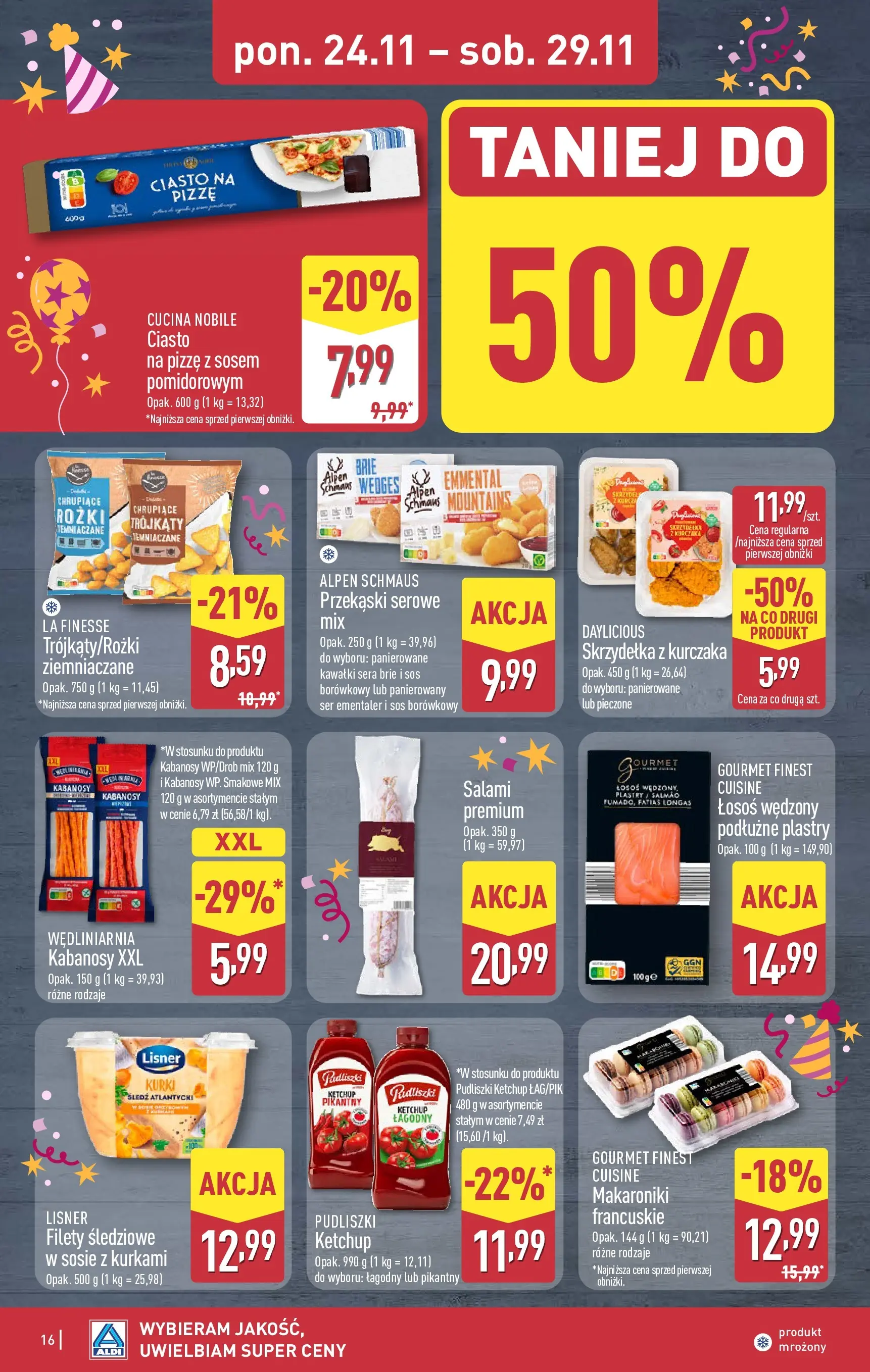 Aldi - Tydzień mega oszczędności w ALDI od 22.11.2025 - Ulotka PDF, promocje | Strona: 16 | Produkty: Śledź, Ketchup, Łosoś wędzony, Ciasto na pizze