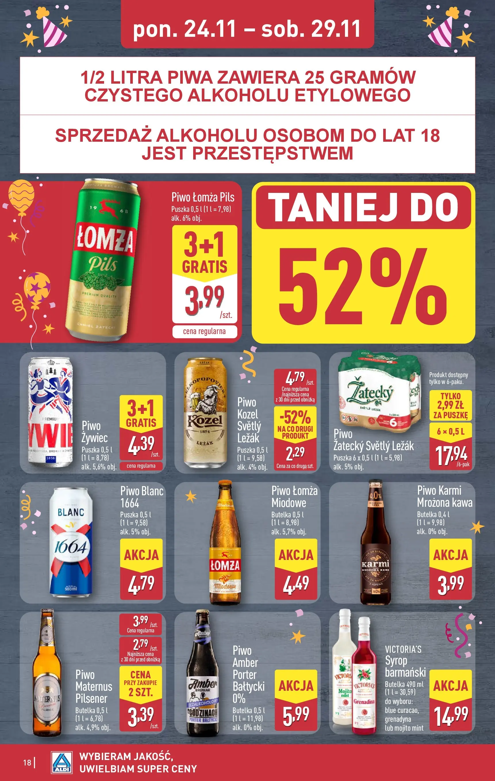 Aldi - Tydzień mega oszczędności w ALDI od 22.11.2025 - Ulotka PDF, promocje | Strona: 18 | Produkty: Syrop, Kawa, Piwo, Grenadina