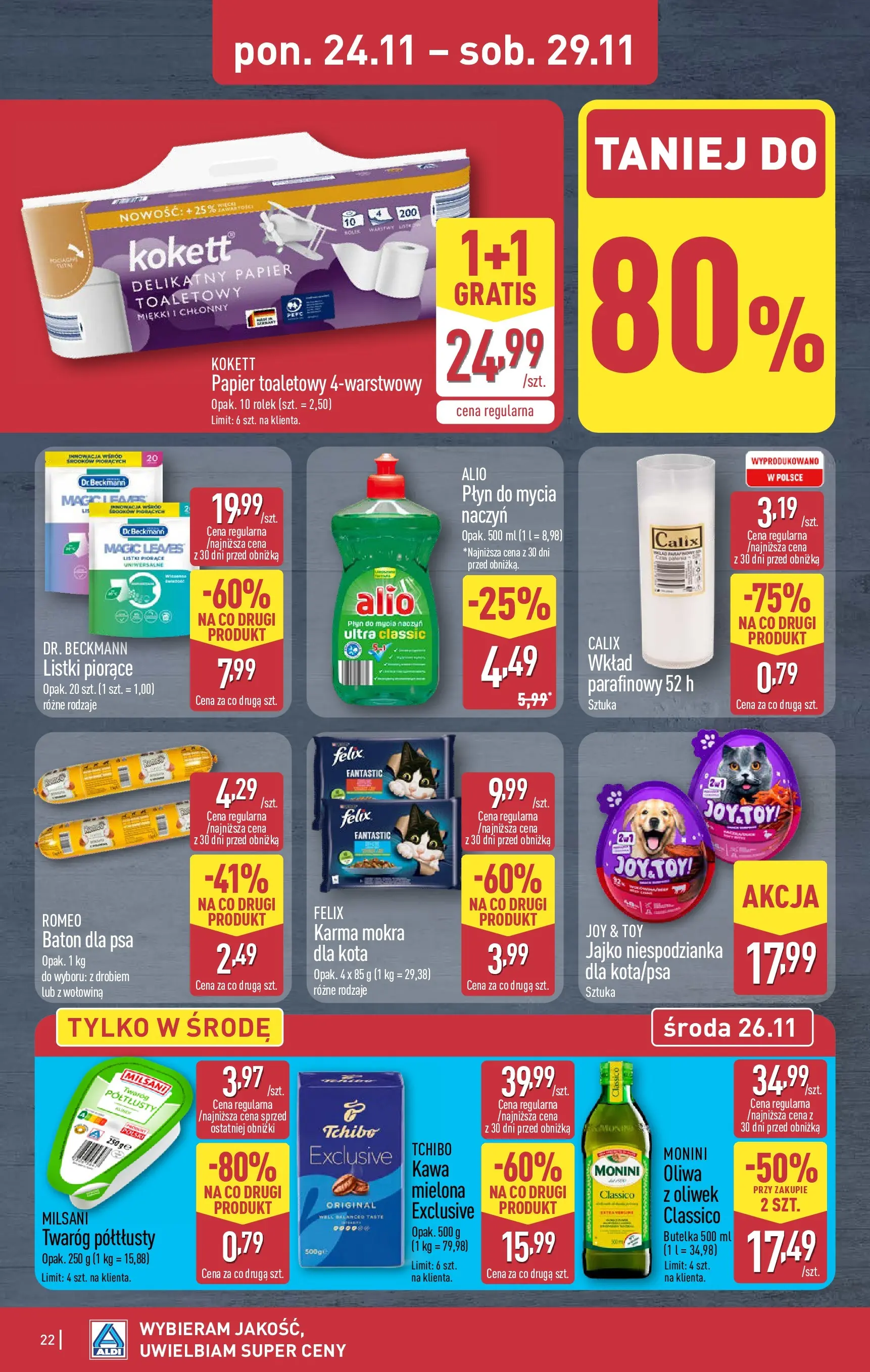 Aldi - Tydzień mega oszczędności w ALDI od 22.11.2025 - Ulotka PDF, promocje | Strona: 22 | Produkty: Twaróg półtłusty, Papier toaletowy, Baton, Twaróg