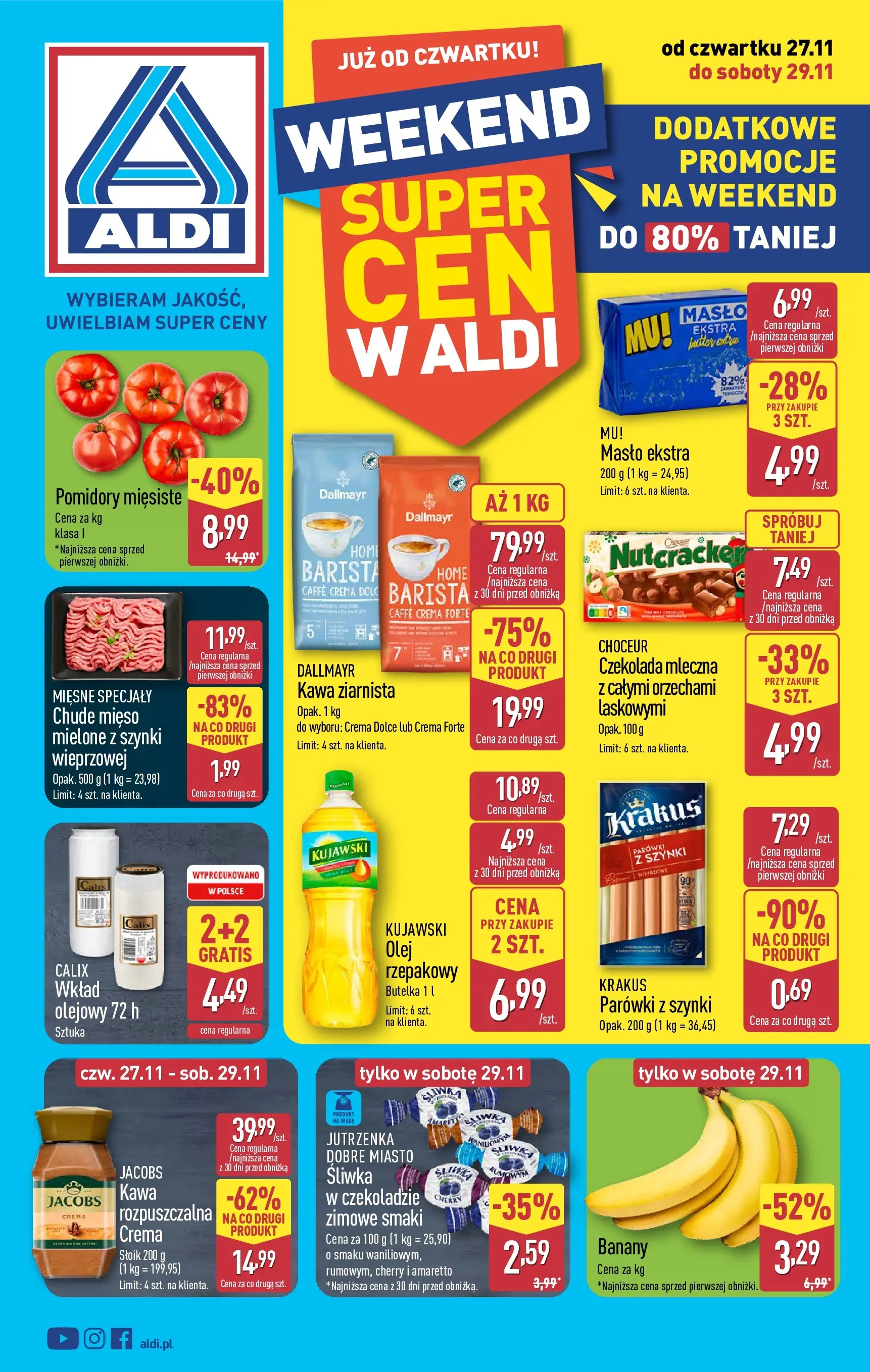 Aldi Gazetka - Okazje na weekend od 27.11.2025 - Ulotka PDF, promocje | Strona: 1 | Produkty: Mięso, Parówki, Masło, Olej