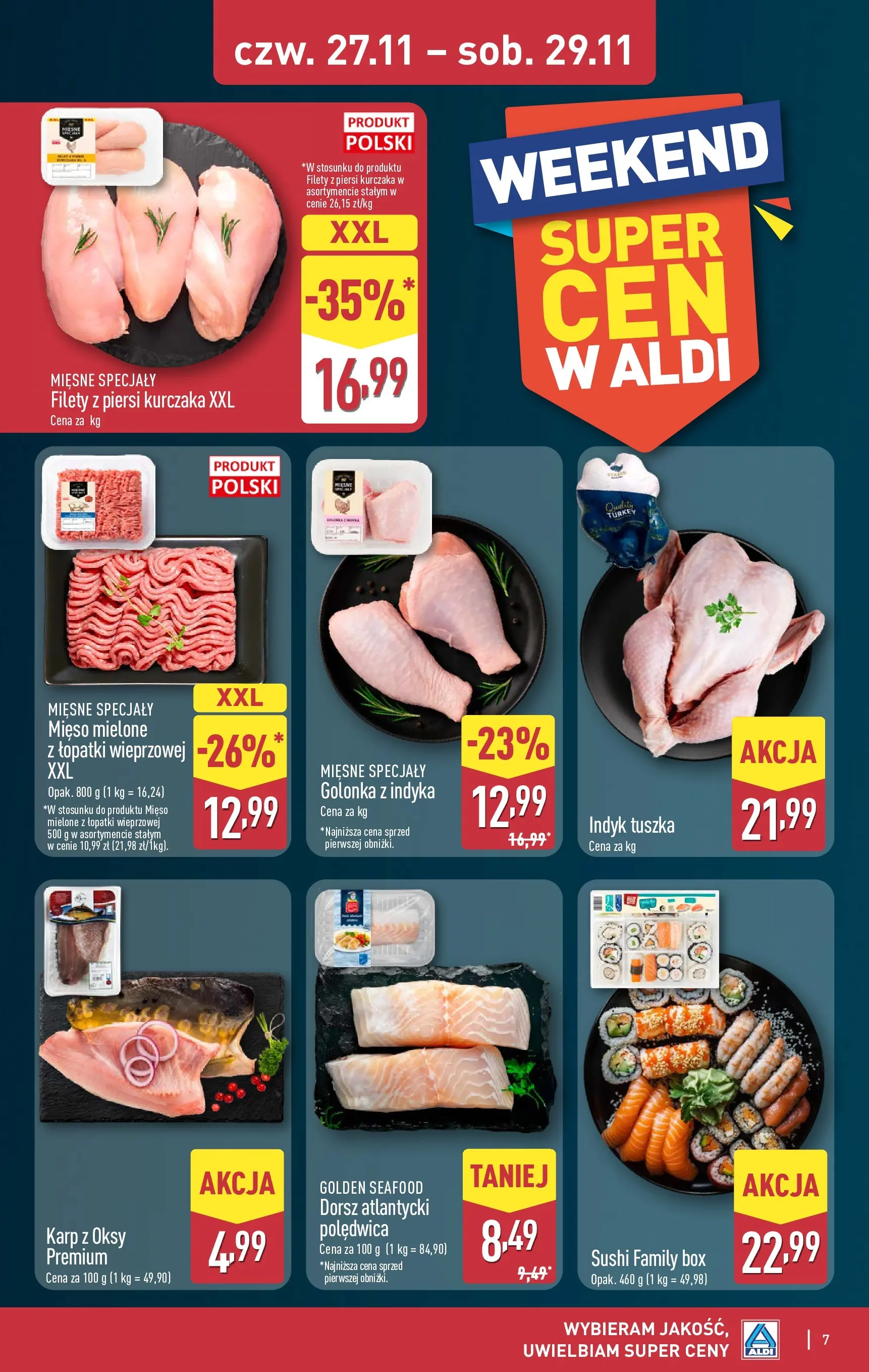 Aldi Gazetka - Okazje na weekend od 27.11.2025 - Ulotka PDF, promocje | Strona: 7 | Produkty: Mięso, Mięso mielone, Dorsz, Sushi