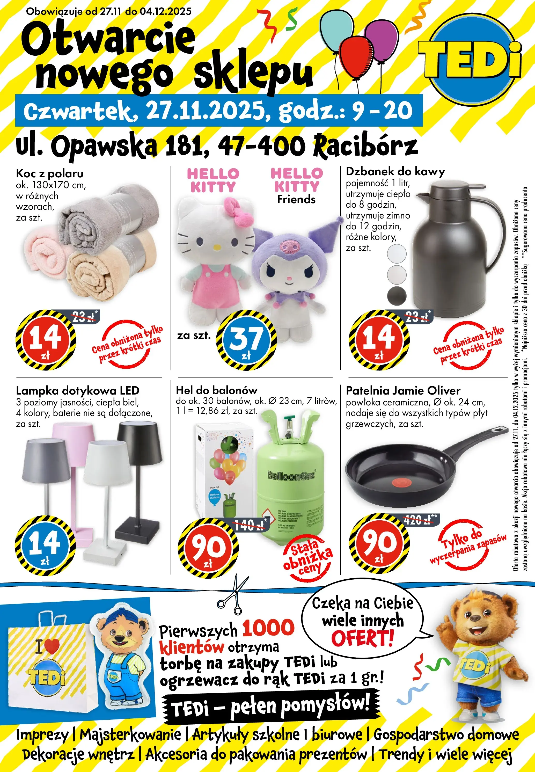 TEDi Gazetka - Racibórz od (27.11.2025 - 04.12.2025) | Strona: 1 | Produkty: Dzbanek, Koc, Patelnia, Artykuły szkolne