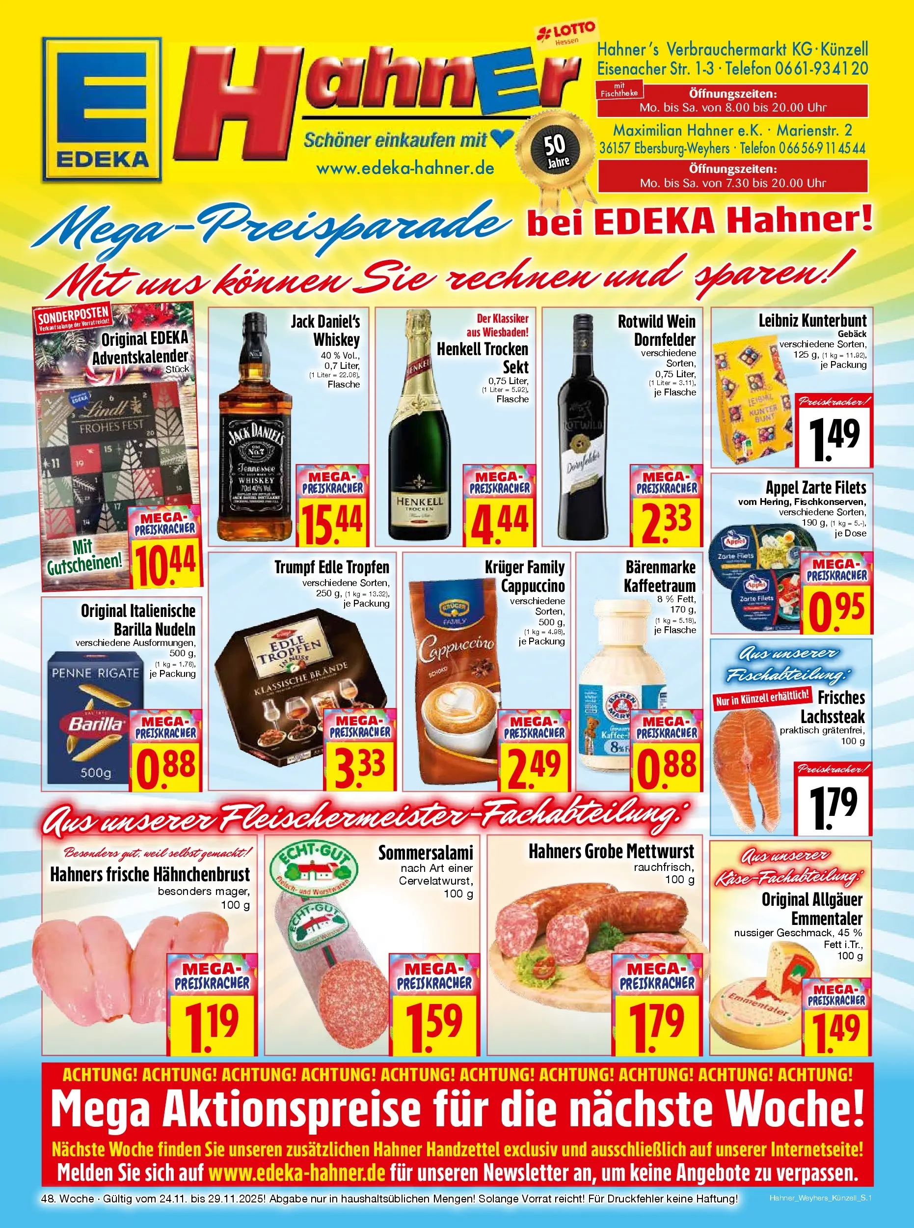 Entdecke - Edeka Hahner: Wochenangebote (ab 23.11.2025) zum Blättern | Seite: 1 | Produkte: Barilla, Sekt, Jack Daniel's, Telefon