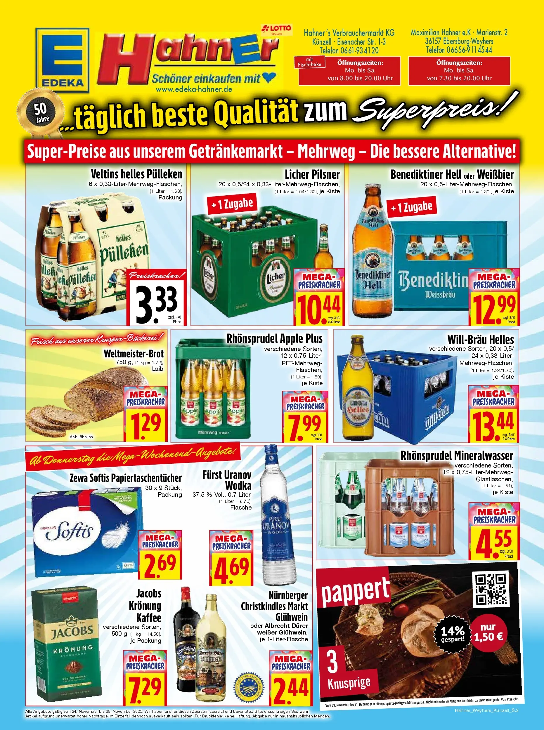 Entdecke - Edeka Hahner: Wochenangebote (ab 23.11.2025) zum Blättern | Seite: 2 | Produkte: Helles pulleken, Kaffee, Telefon, Veltins