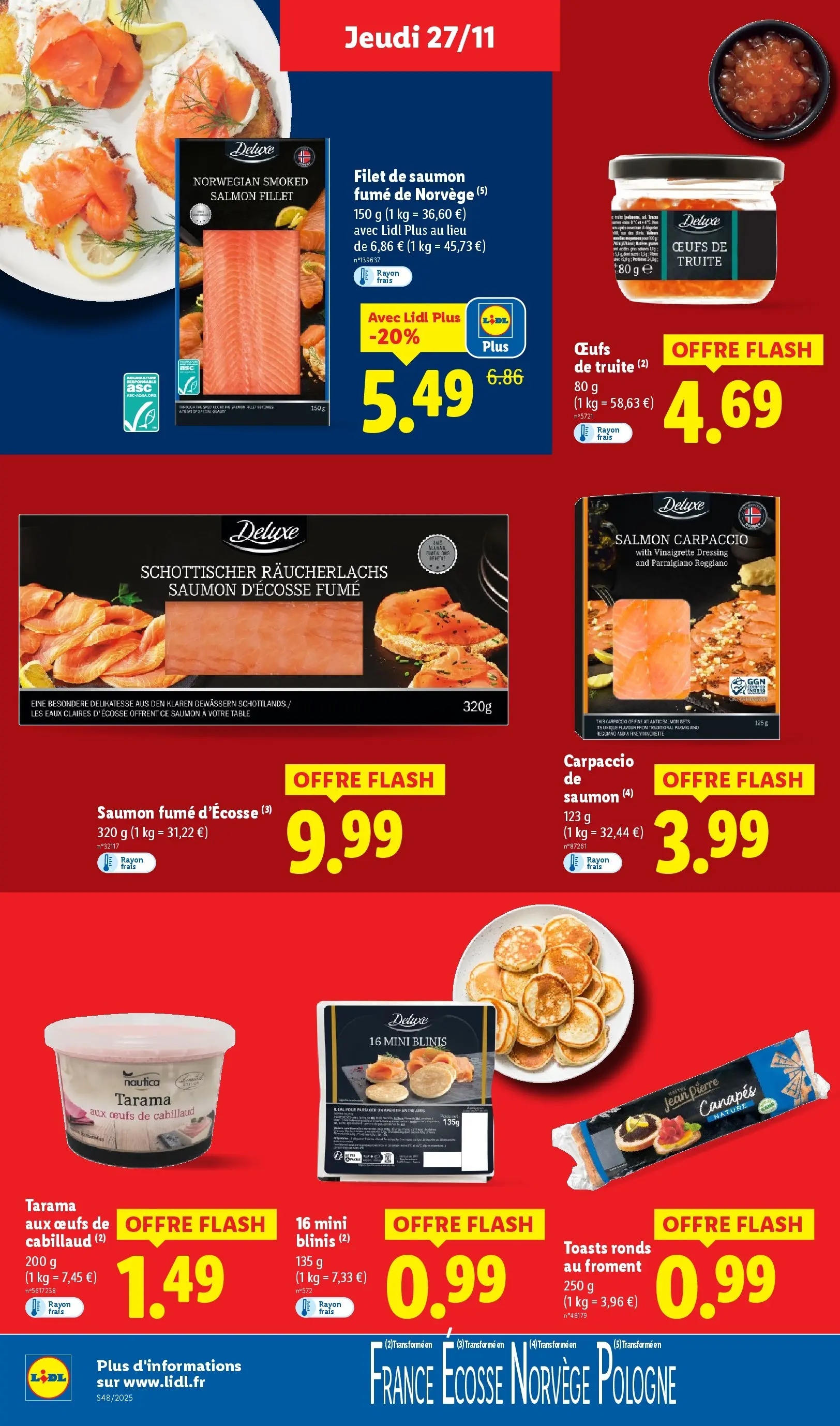 Catalogue LIDL du 26/11/2025 | Promo prospectus en ligne | Page: 22 | Produits: Saumon fumé, Filet de saumon, Blinis, Œufs