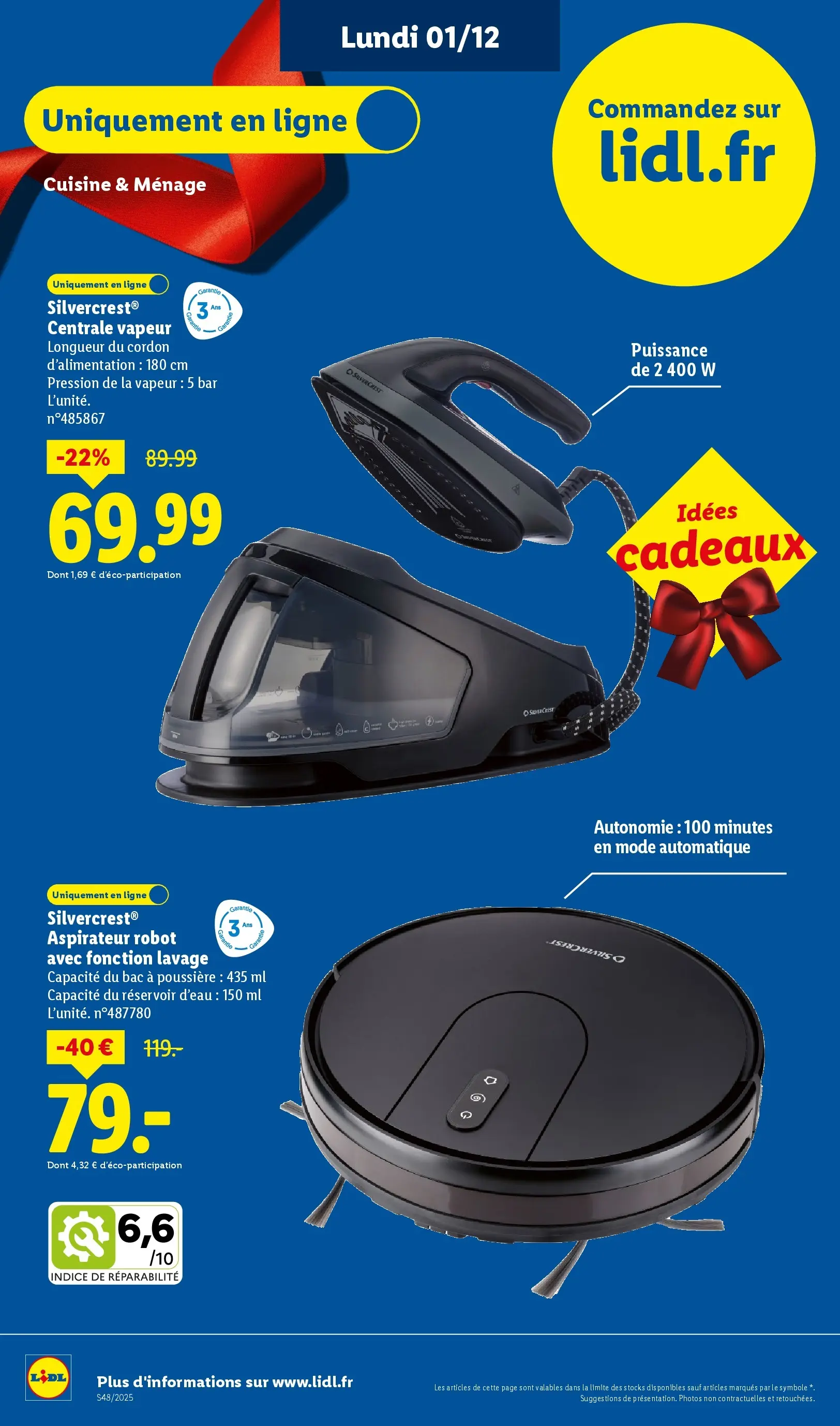 Catalogue LIDL du 26/11/2025 | Promo prospectus en ligne | Page: 90 | Produits: Robot, Centrale vapeur, Réservoir d'eau, Aspirateur robot