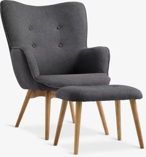 JYSK Кресло с табуретка SKALBORG тъмносив текстил/дъб