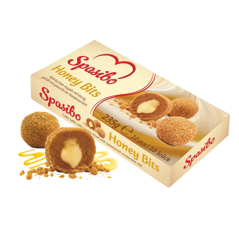 Rührkuchen-Kugeln mit Honig (2,9%), gefüllt mit gezuckerter Kondensmilch, tiefgefroren.