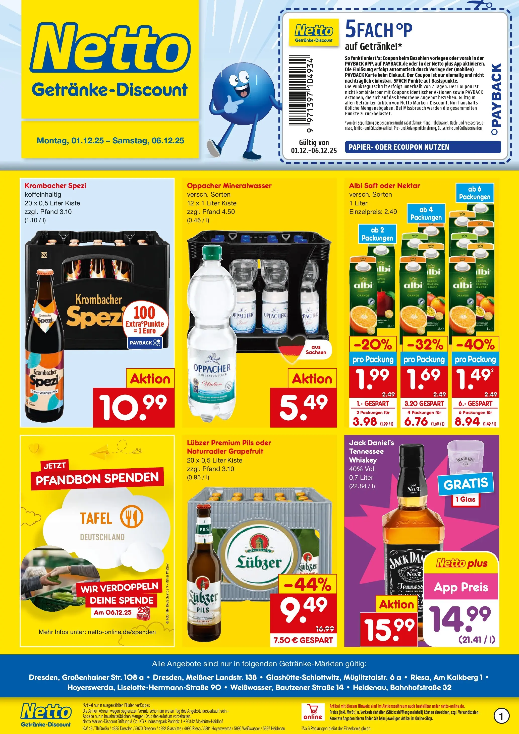 Netto Marken-Discount prospekt Riesa	 (ab 01.12.2025) » Angebote | Seite: 1 | Produkte: Jack Daniel's, Mineralwasser, Krombacher, Lubzer