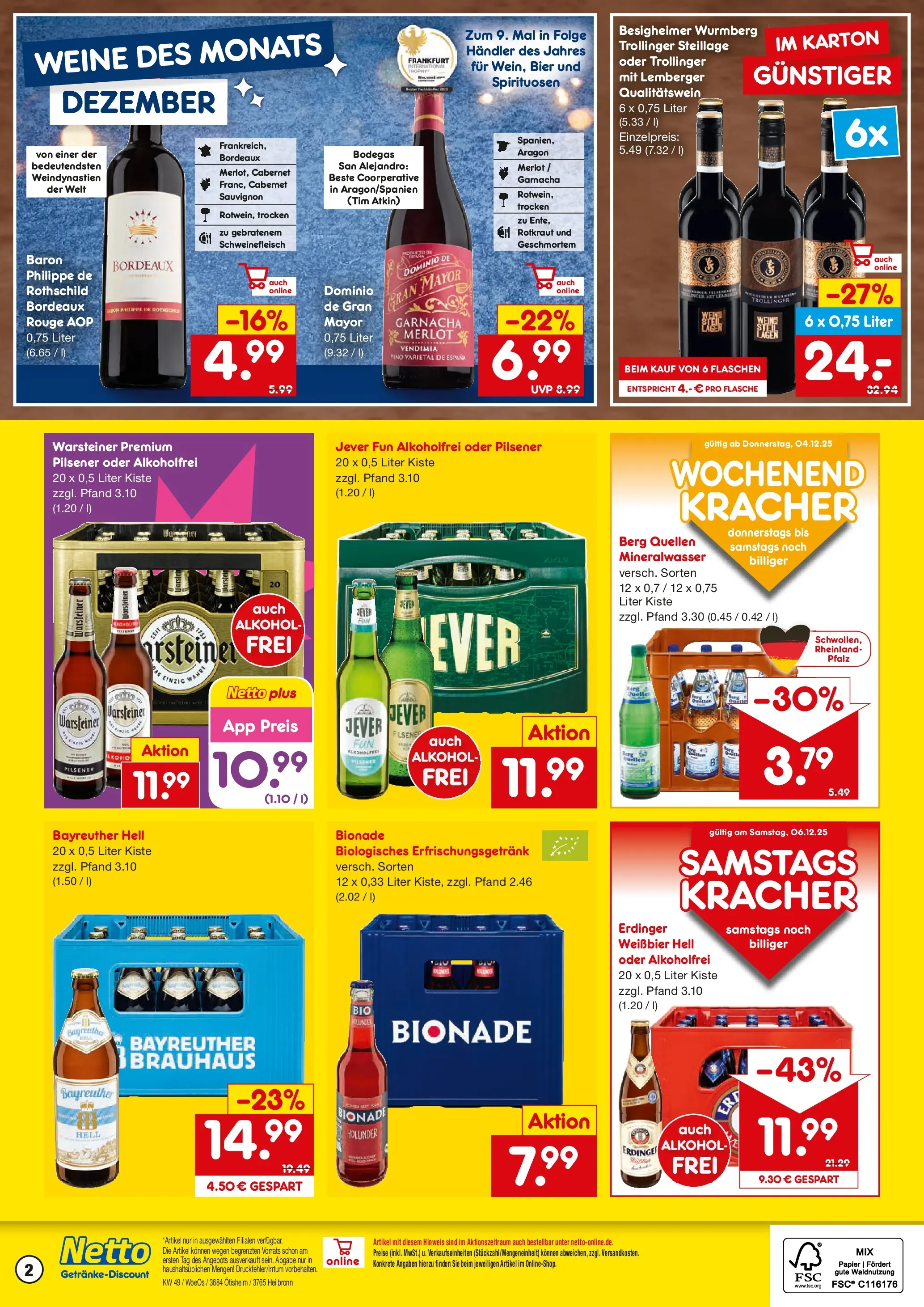Netto Marken-Discount prospekt Heilbronn	 (ab 01.12.2025) » Angebote | Seite: 2 | Produkte: Bayreuther hell, Weißbier, Bionade, Jever
