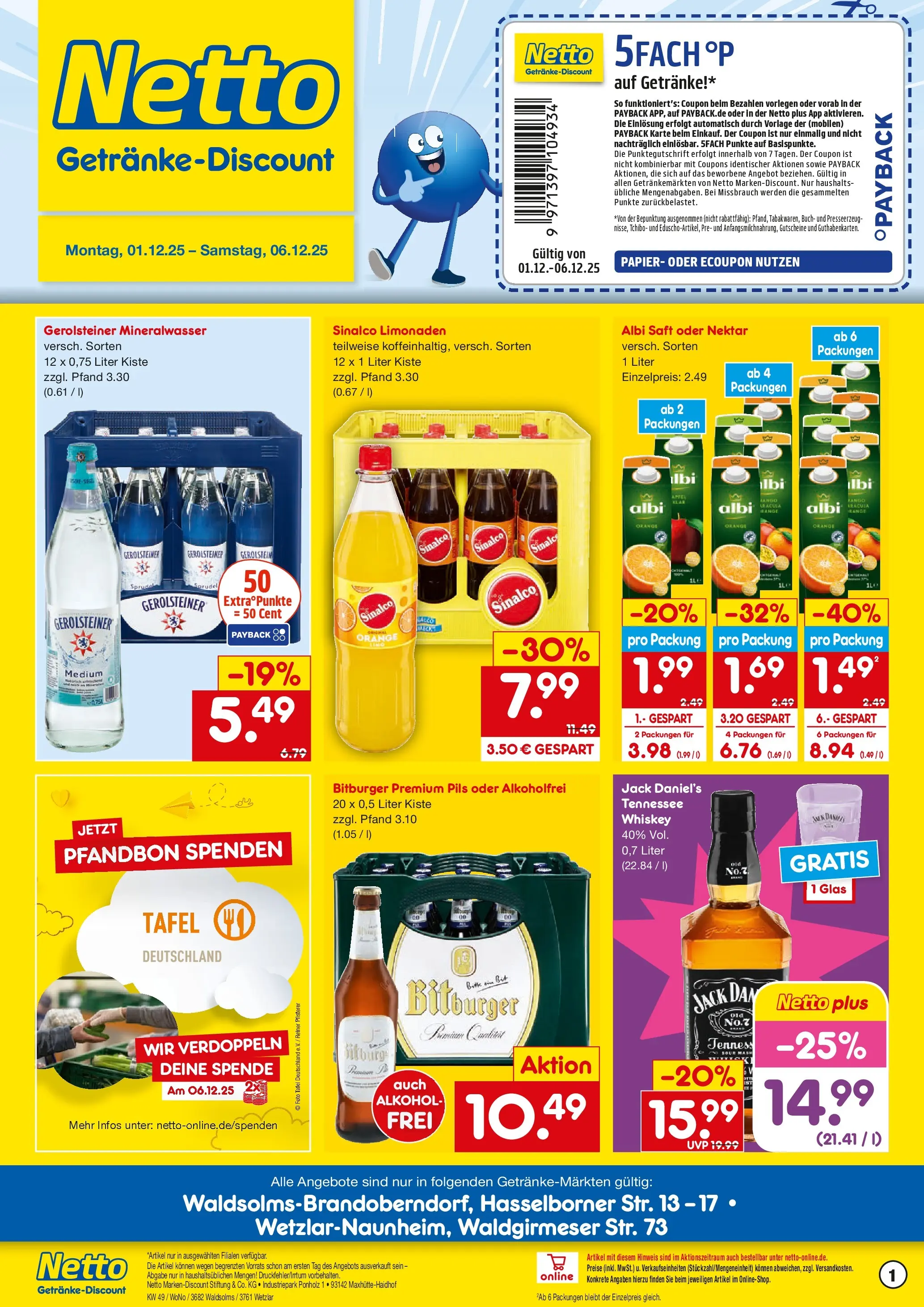 Netto Marken-Discount prospekt Wetzlar-Naunheim	 (ab 01.12.2025) » Angebote | Seite: 1 | Produkte: Bitburger, Jack Daniel's, Mineralwasser, Gerolsteiner