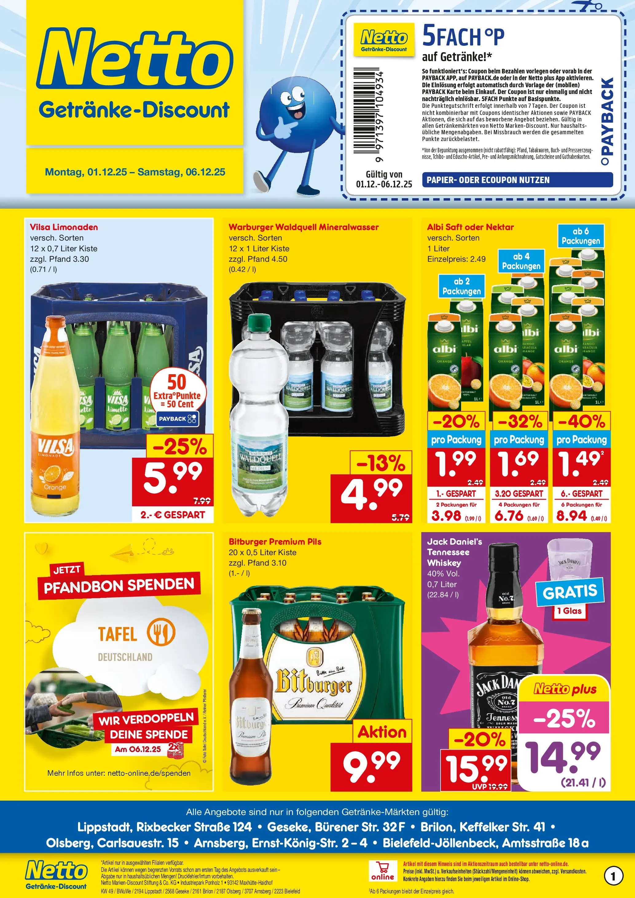 Netto Marken-Discount prospekt Brilon	 (ab 01.12.2025) » Angebote | Seite: 1 | Produkte: Mineralwasser, Limette, Saft, Whiskey