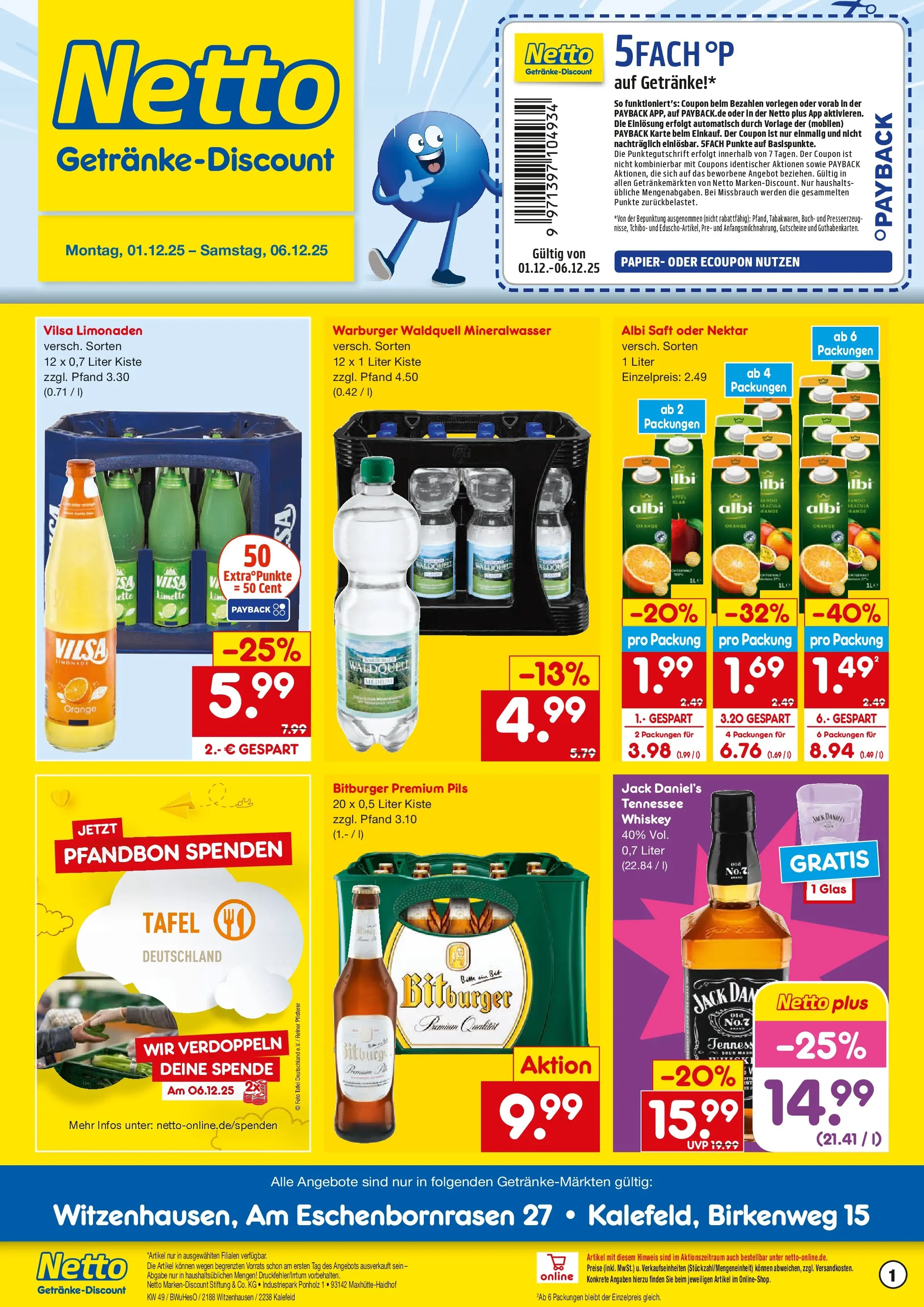 Netto Marken-Discount prospekt Witzenhausen	 (ab 01.12.2025) » Angebote | Seite: 1 | Produkte: Bitburger, Pils, Jack Daniel's, Saft
