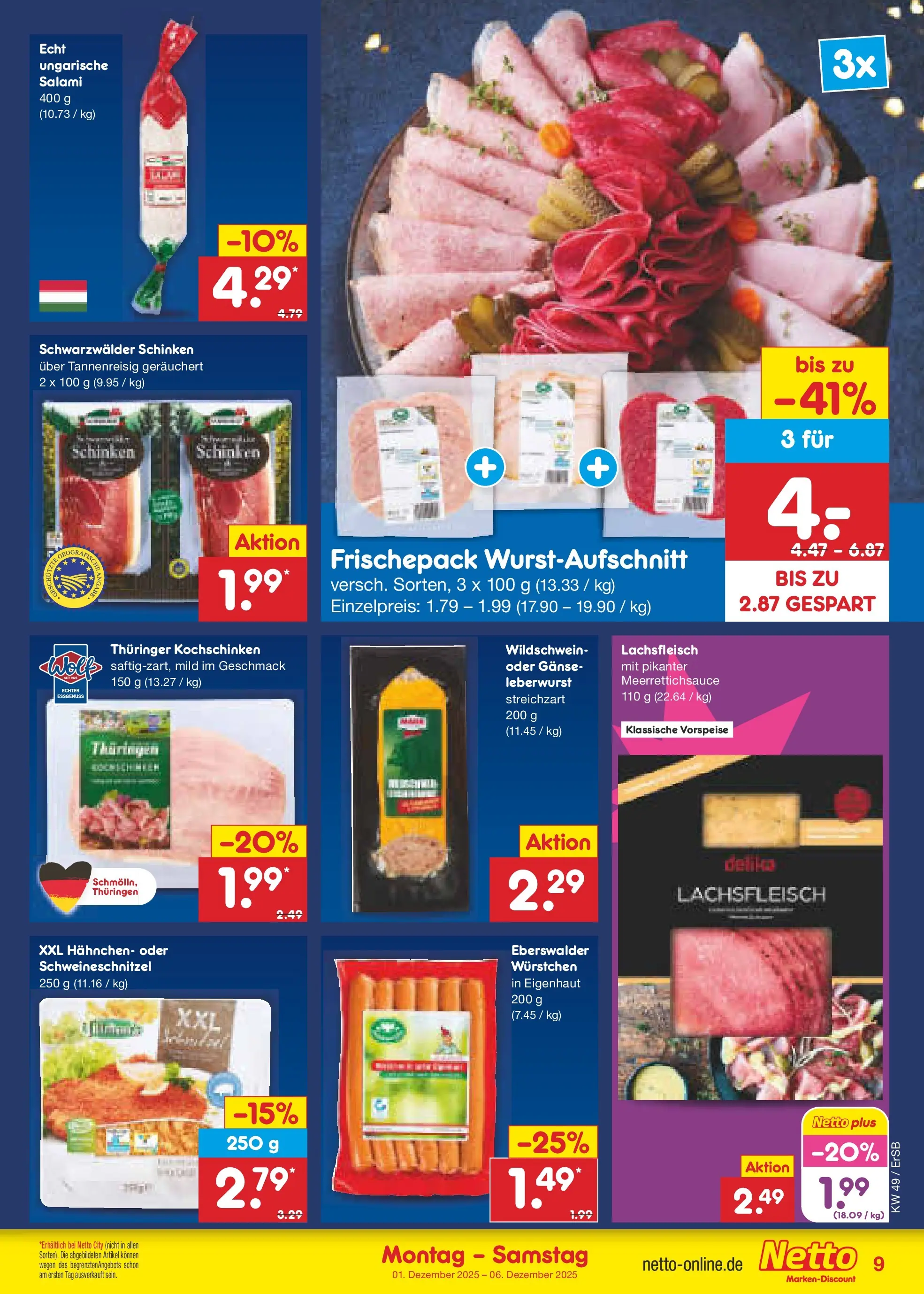 Netto Marken-Discount prospekt Nordhausen	 (ab 30.11.2025) » Angebote | Seite: 9 | Produkte: Hahnchen, Salami, Schinken