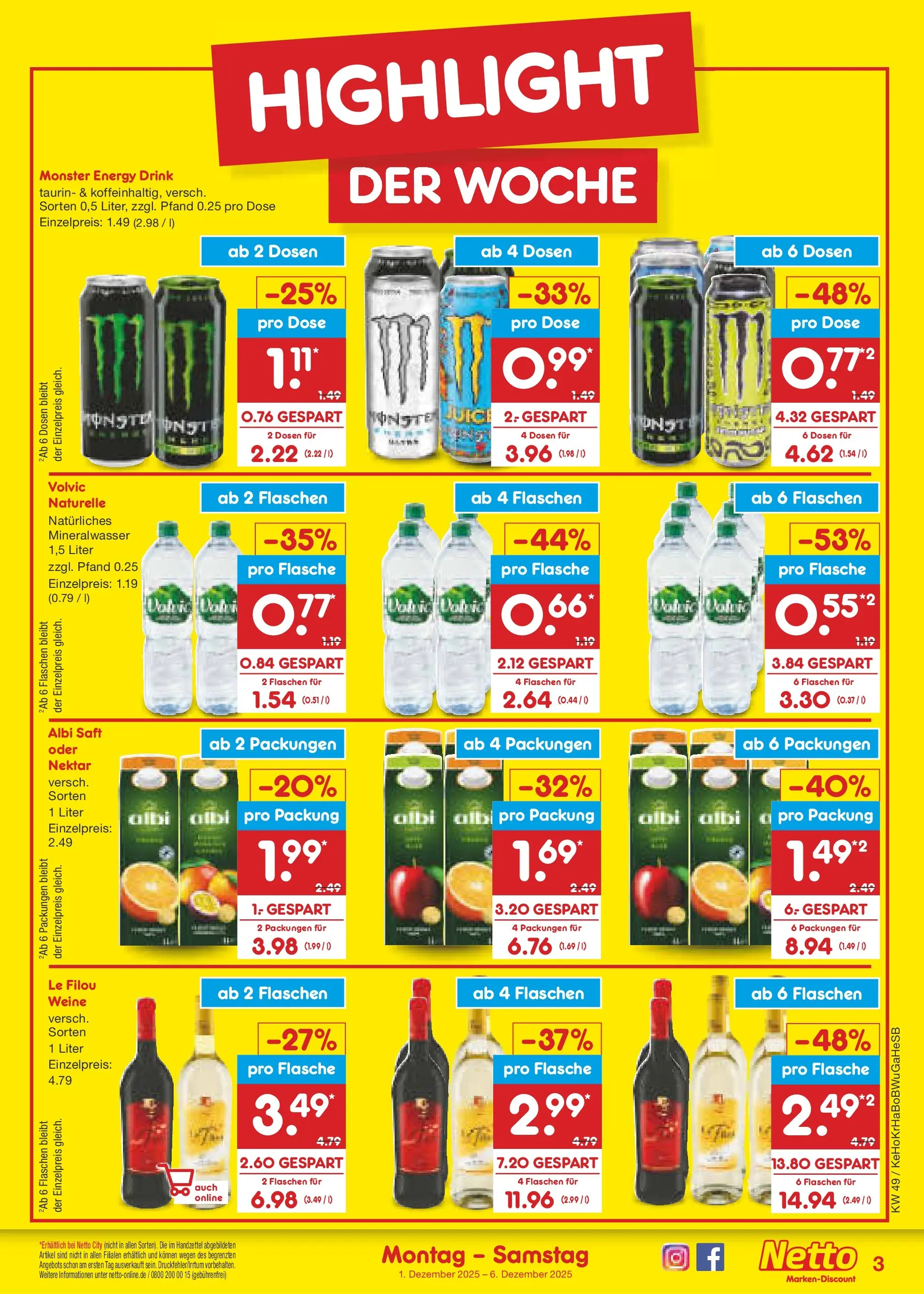 Netto Marken-Discount prospekt Bovenden	 (ab 01.12.2025) » Angebote | Seite: 3 | Produkte: Le filou, Monster, Saft, Volvic