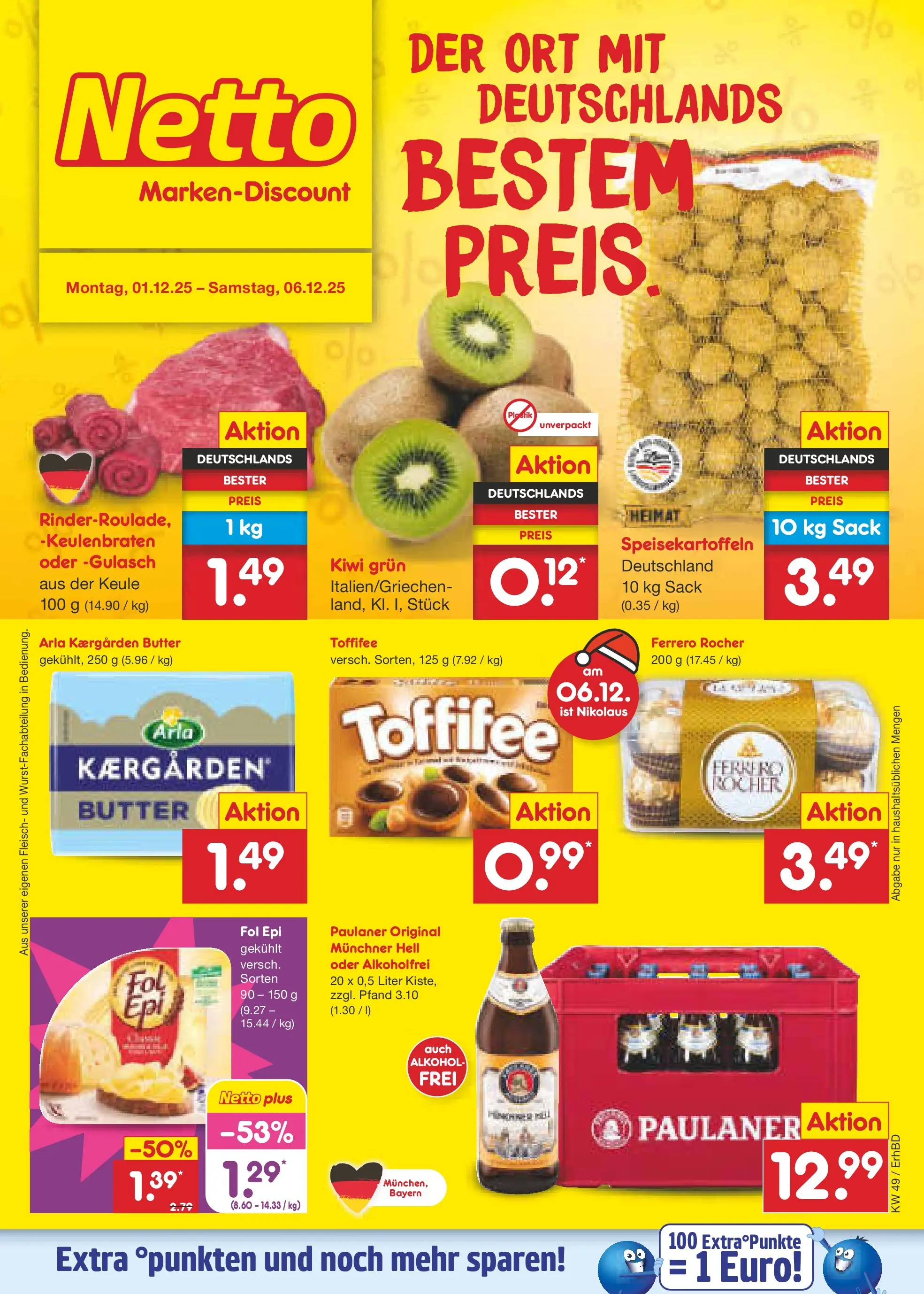Netto Marken-Discount prospekt Ergolding	 (ab 01.12.2025) » Angebote | Seite: 1 | Produkte: Butter, Toffifee, Kiwi, Fleisch