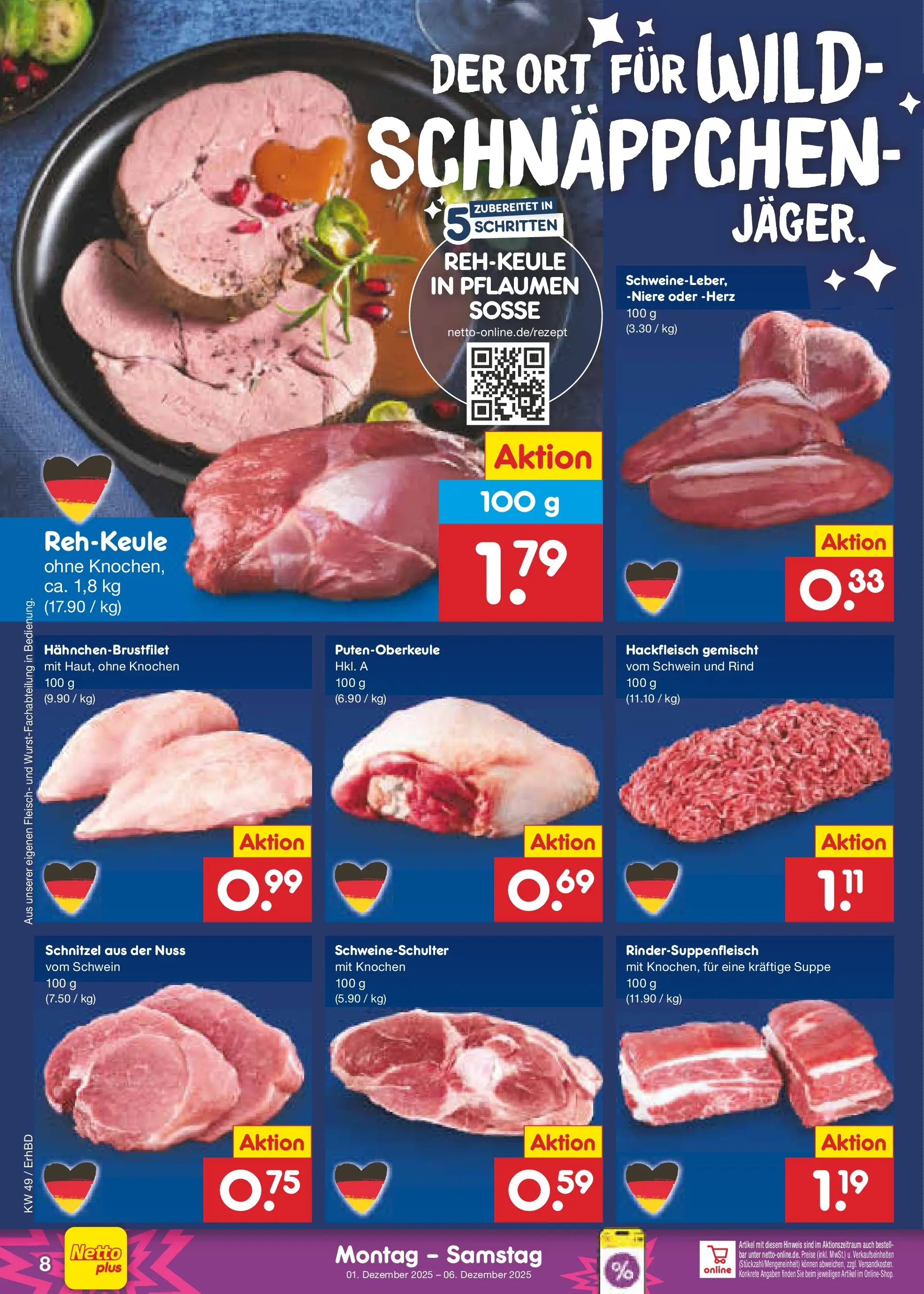 Netto Marken-Discount prospekt Ergolding	 (ab 01.12.2025) » Angebote | Seite: 8 | Produkte: Pflaumen, Schnitzel, Fleisch, Hackfleisch